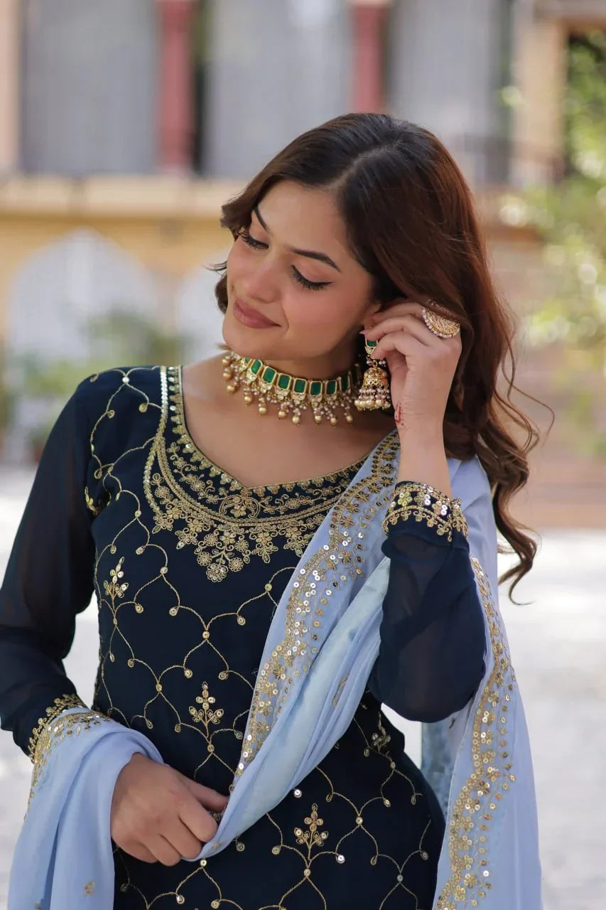 Teal Blue Sequins Embroidery Work Kurti Palazzo Suit With Contras Dupatta - qivii