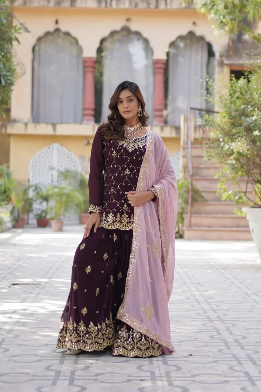 Magenta Purple Sequins Embroidery Work Kurti Palazzo Suit With Contras Dupatta - qivii