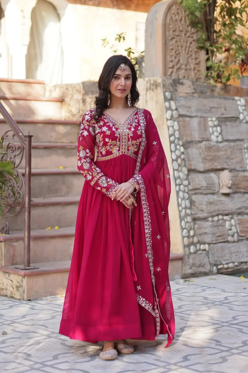 Rose Red Beautiful Thread Sequins Embroidery Work Gown And Dupatta - qivii