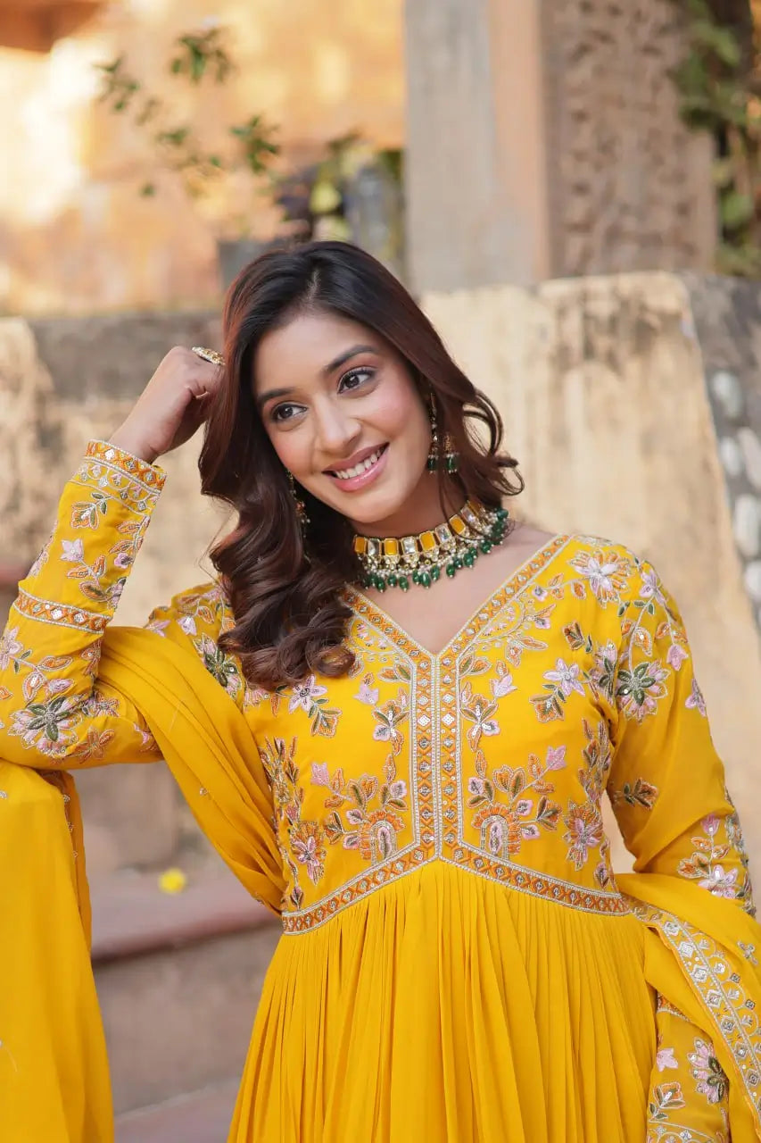 Lightning Yellow Beautiful Thread Sequins Embroidery Work Gown And Dupatta