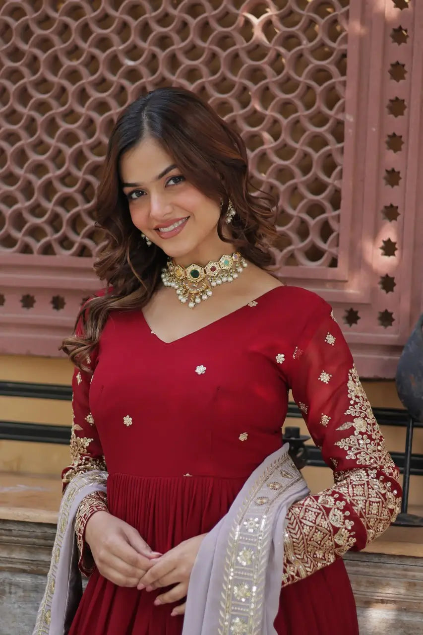 Merlot Red Sequins Embroidery Work Gown With Contras Dupatta - qivii