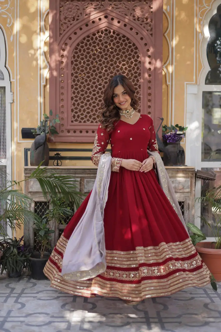 Merlot Red Sequins Embroidery Work Gown With Contras Dupatta - qivii