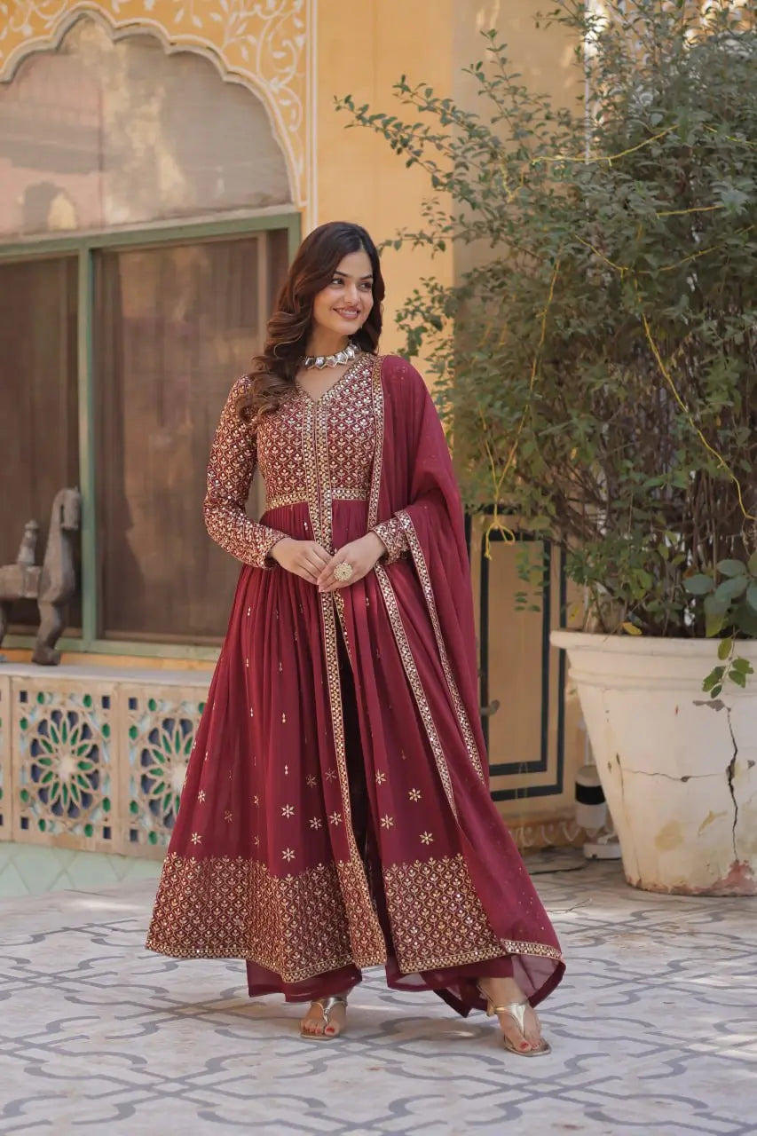 Solid Maroon Georgette Sequins Embroidery Work Front Cut Gown And Dupatta - qivii