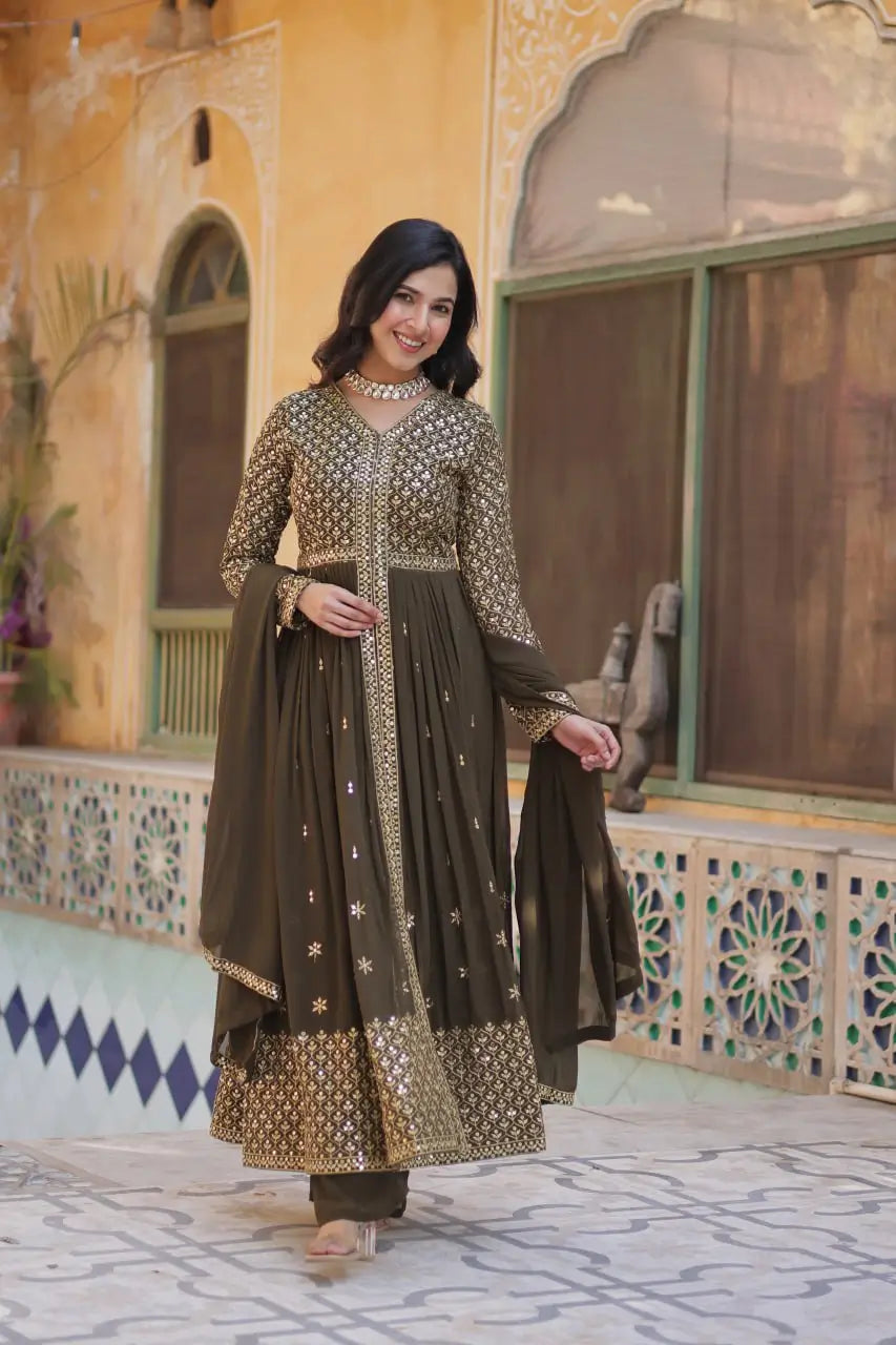 Rangoon Green Georgette Sequins Embroidery Work Front Cut Gown And Dupatta