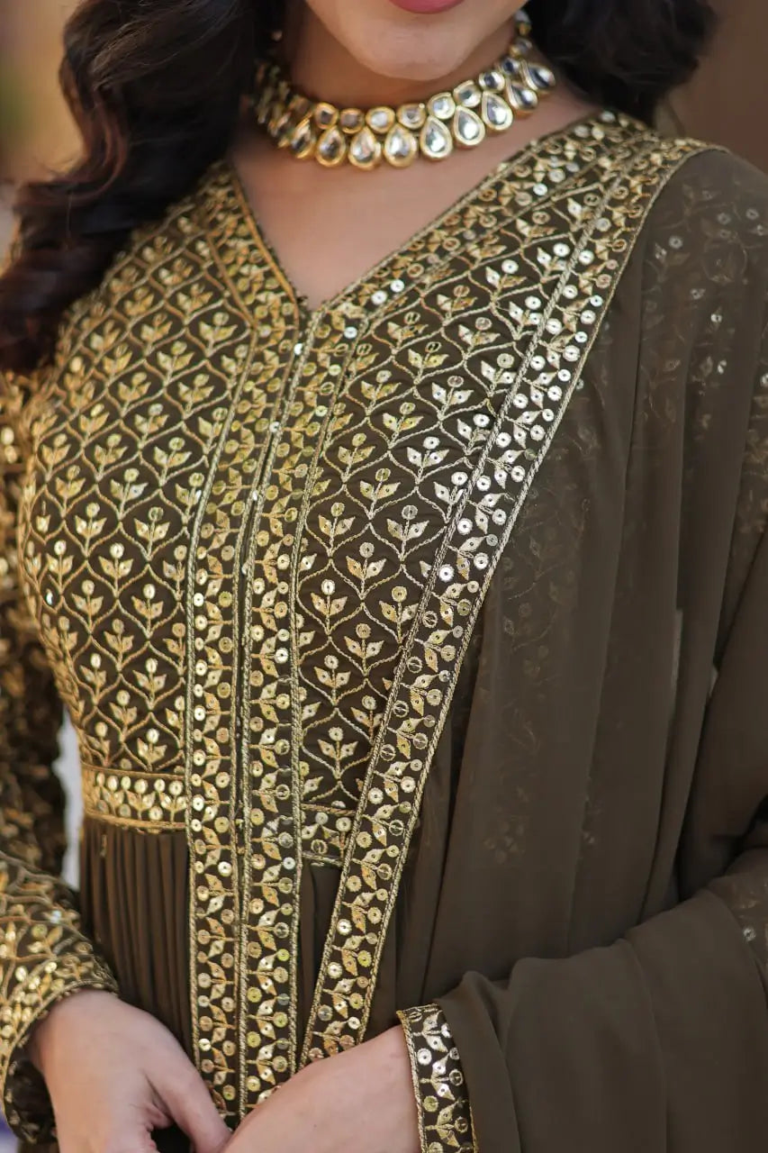 Rangoon Green Georgette Sequins Embroidery Work Front Cut Gown And Dupatta - qivii