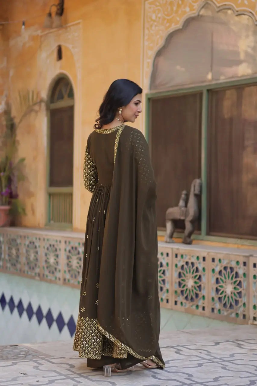Rangoon Green Georgette Sequins Embroidery Work Front Cut Gown And Dupatta