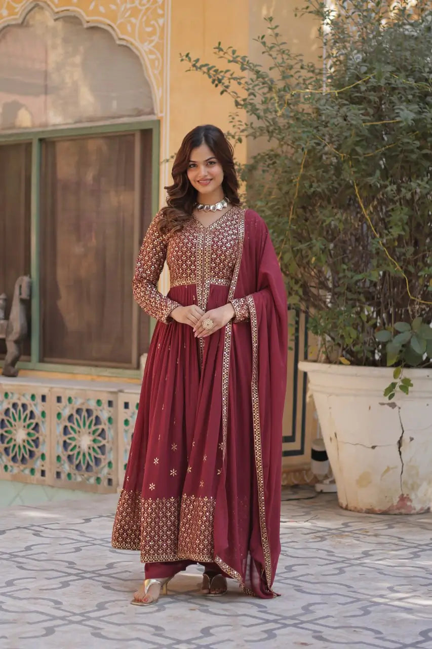 Solid Maroon Georgette Sequins Embroidery Work Front Cut Gown And Dupatta - qivii