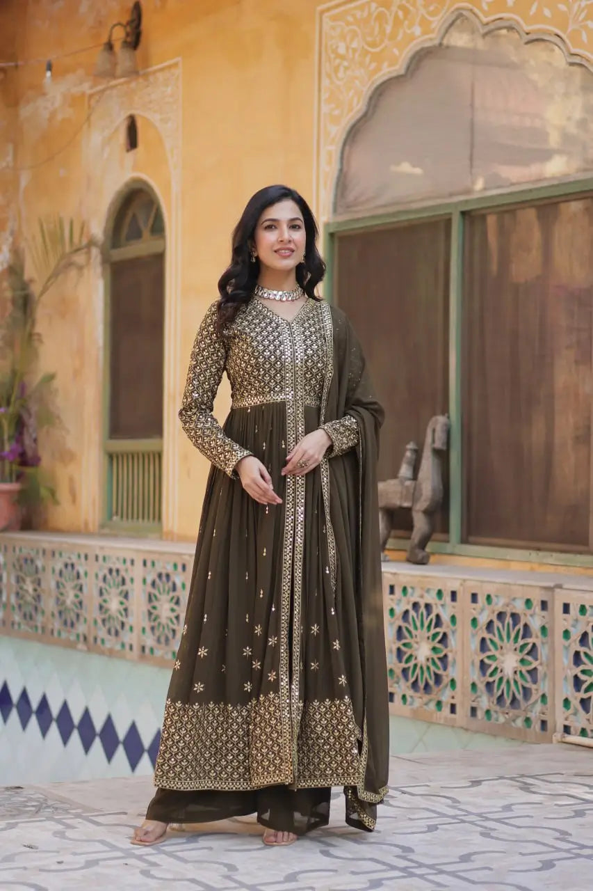 Rangoon Green Georgette Sequins Embroidery Work Front Cut Gown And Dupatta