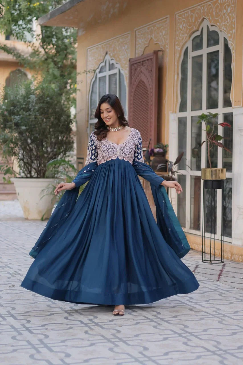 Teal Blue Embroidery Beads Sequins Work Georgette Gown With Dupatta - qivii