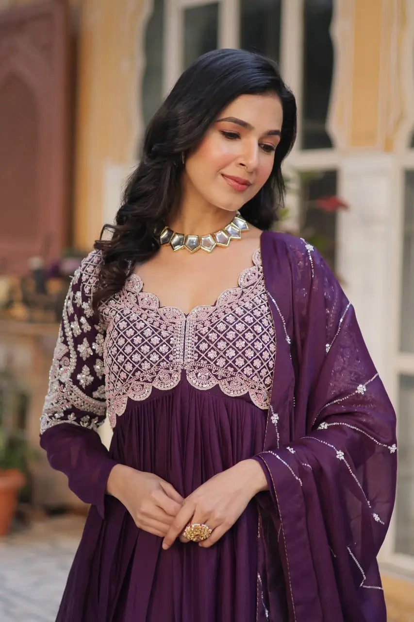 Plum Purple Embroidery Beads Sequins Work Georgette Gown With Dupatta - qivii