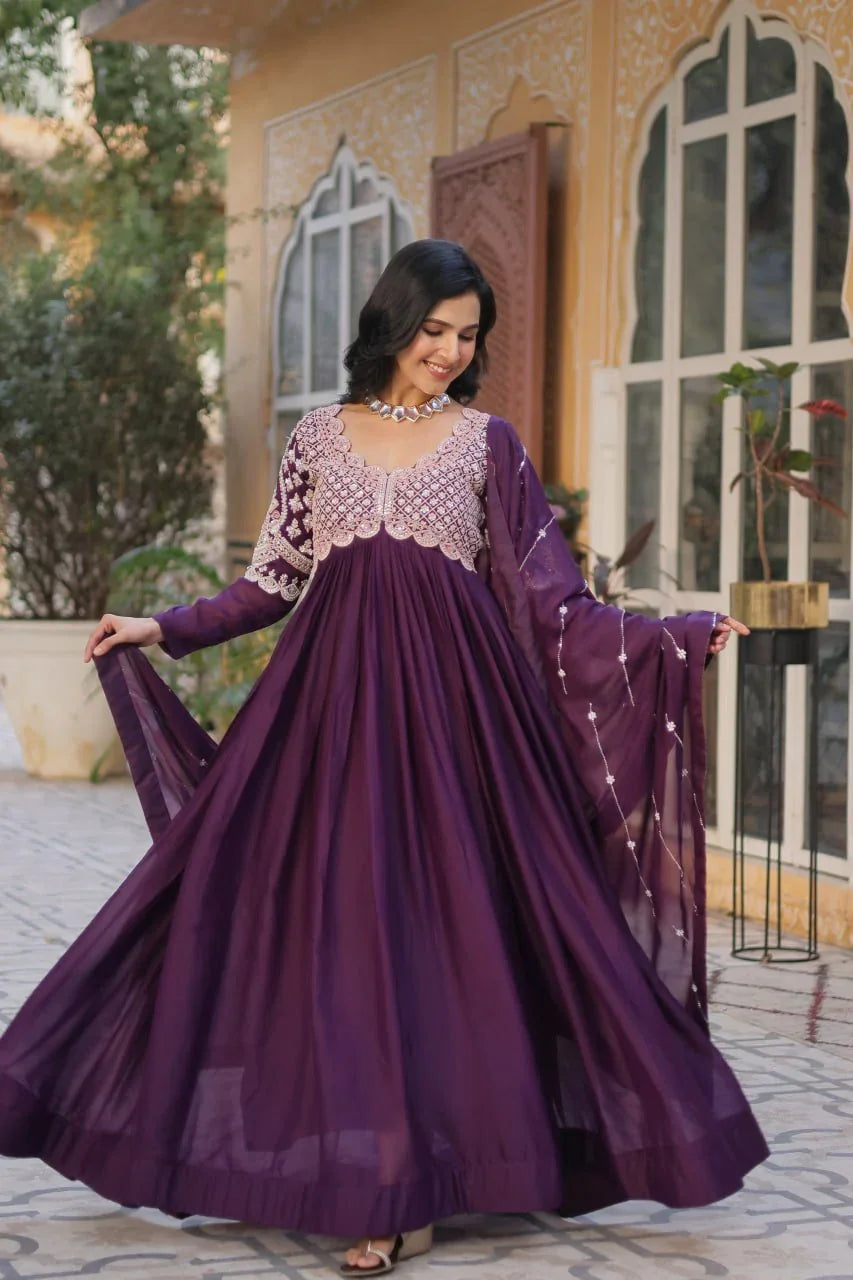 Plum Purple Embroidery Beads Sequins Work Georgette Gown With Dupatta - qivii