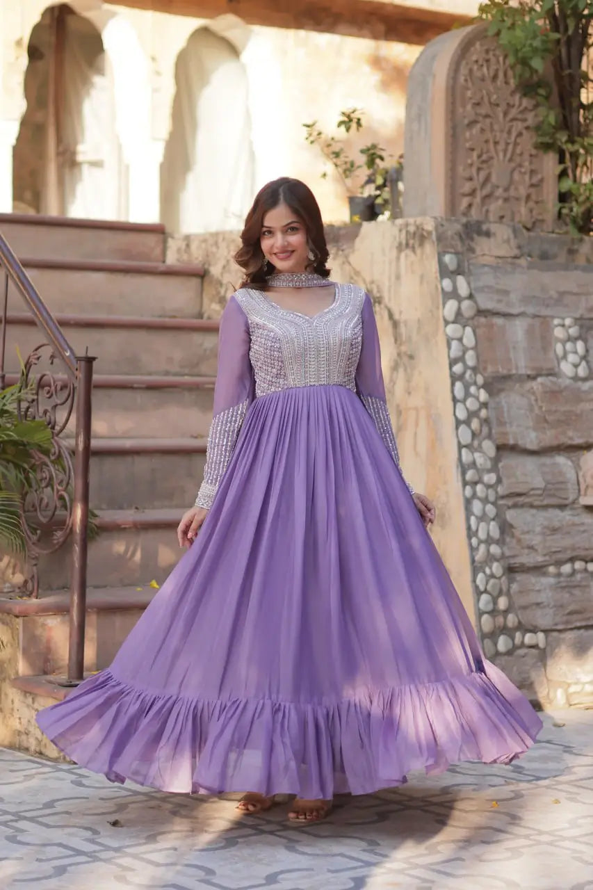 Lilac Purple Georgette Embroidery Beads Sequins Work Gown With Dupatta - qivii