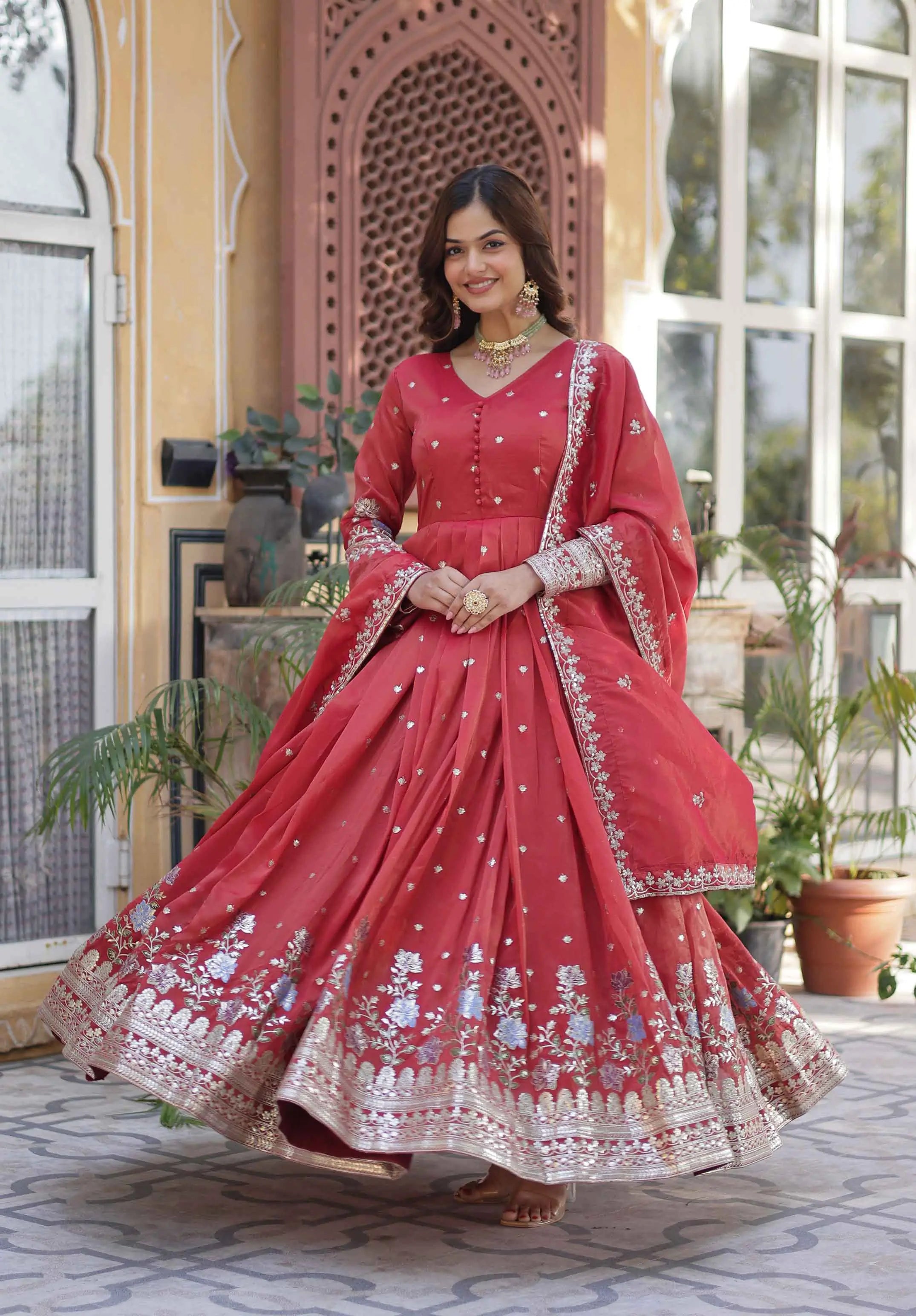 Oranges Red Foil Embroidery Zari Sequins Work Gown With Dupatta - qivii