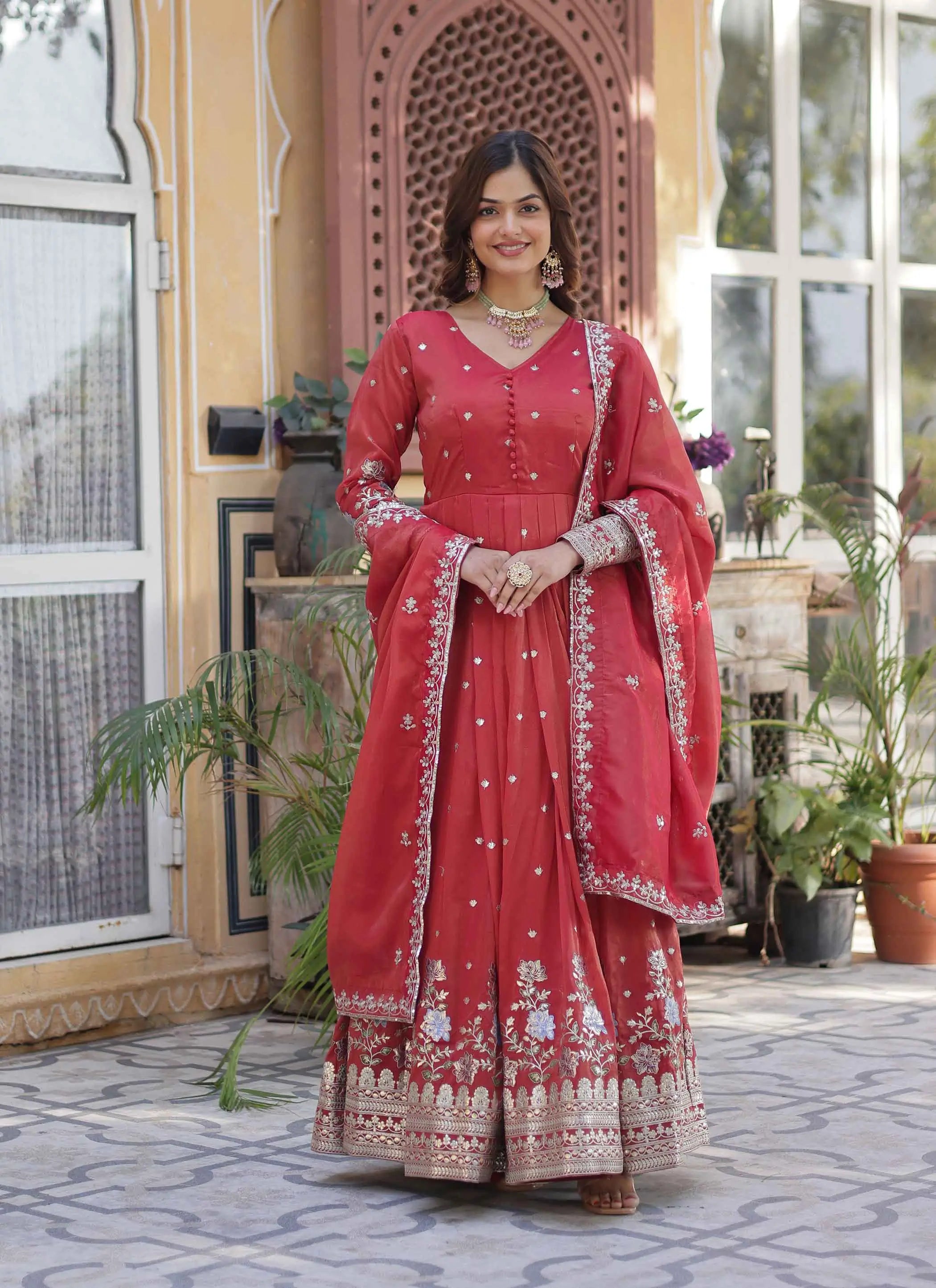 Oranges Red Foil Embroidery Zari Sequins Work Gown With Dupatta - qivii