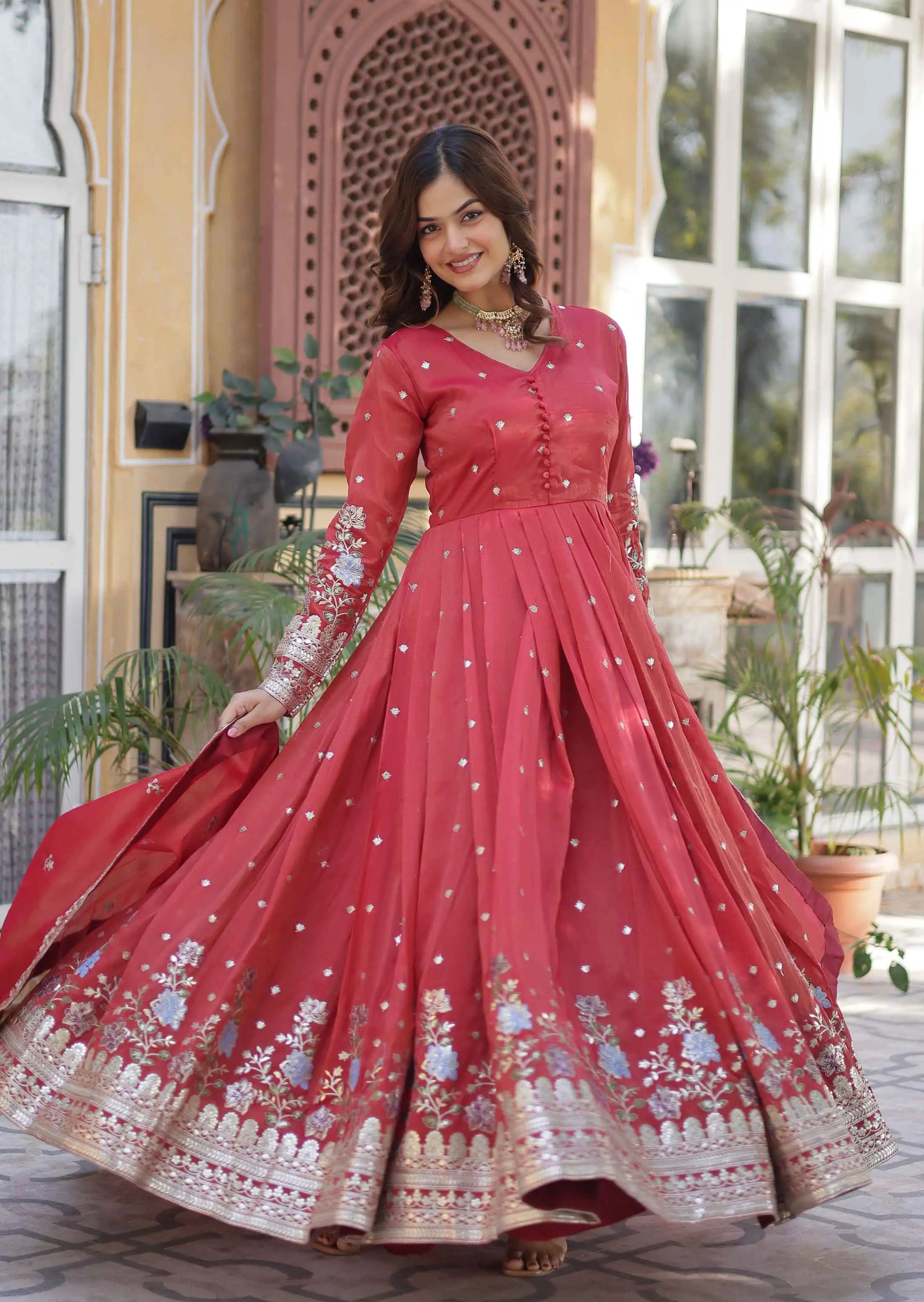 Oranges Red Foil Embroidery Zari Sequins Work Gown With Dupatta - qivii