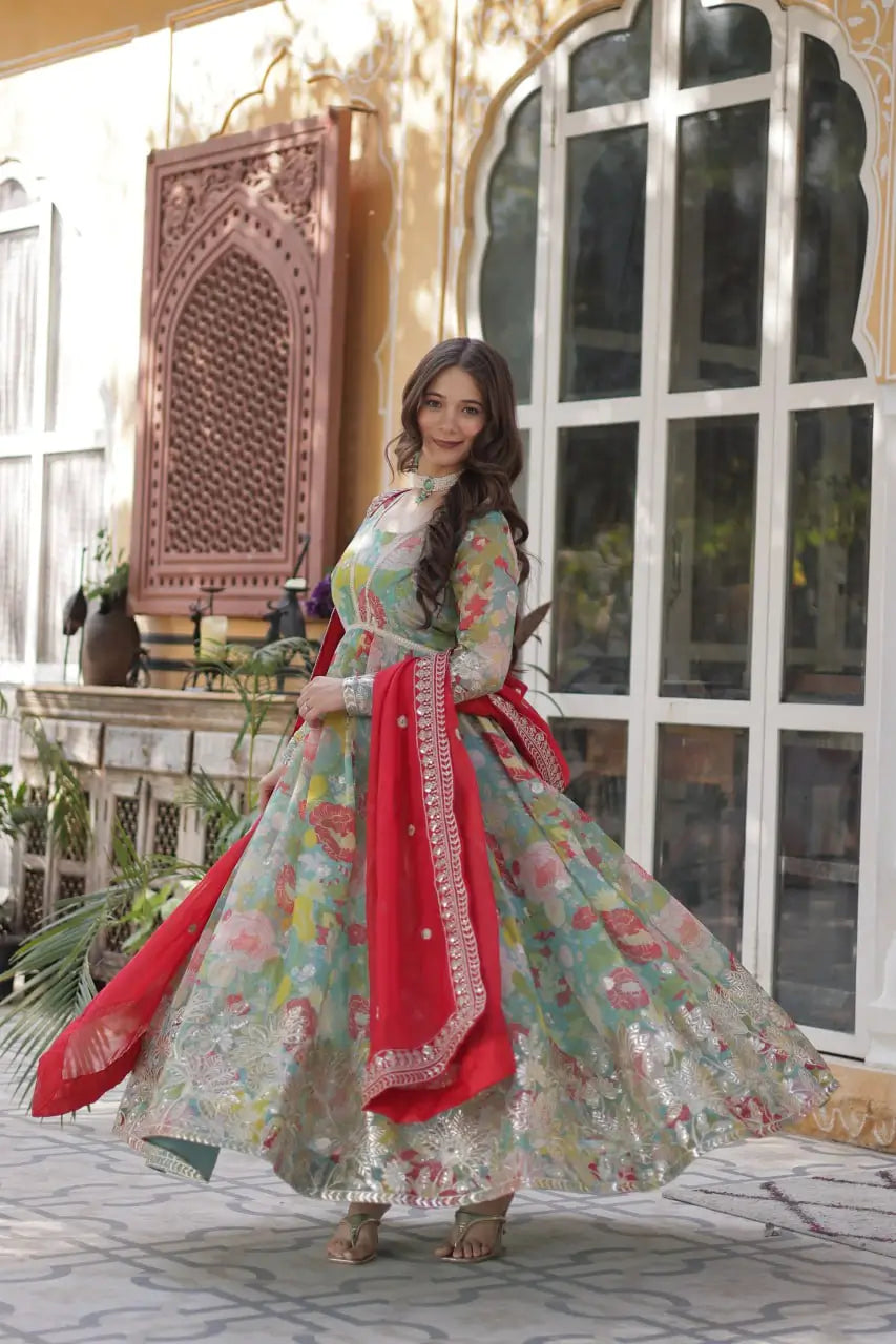 Sky Blue With Multi Floral Print Embroidery Sequins Work Gown With Dupatta