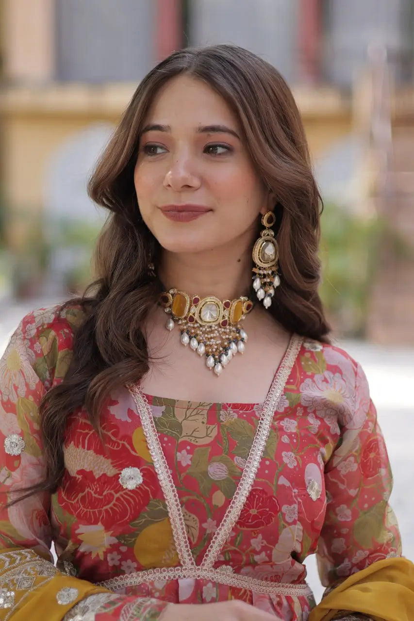 Red With Multi Floral Print Foil Embroidery Sequins Work Gown With Dupatta - qivii