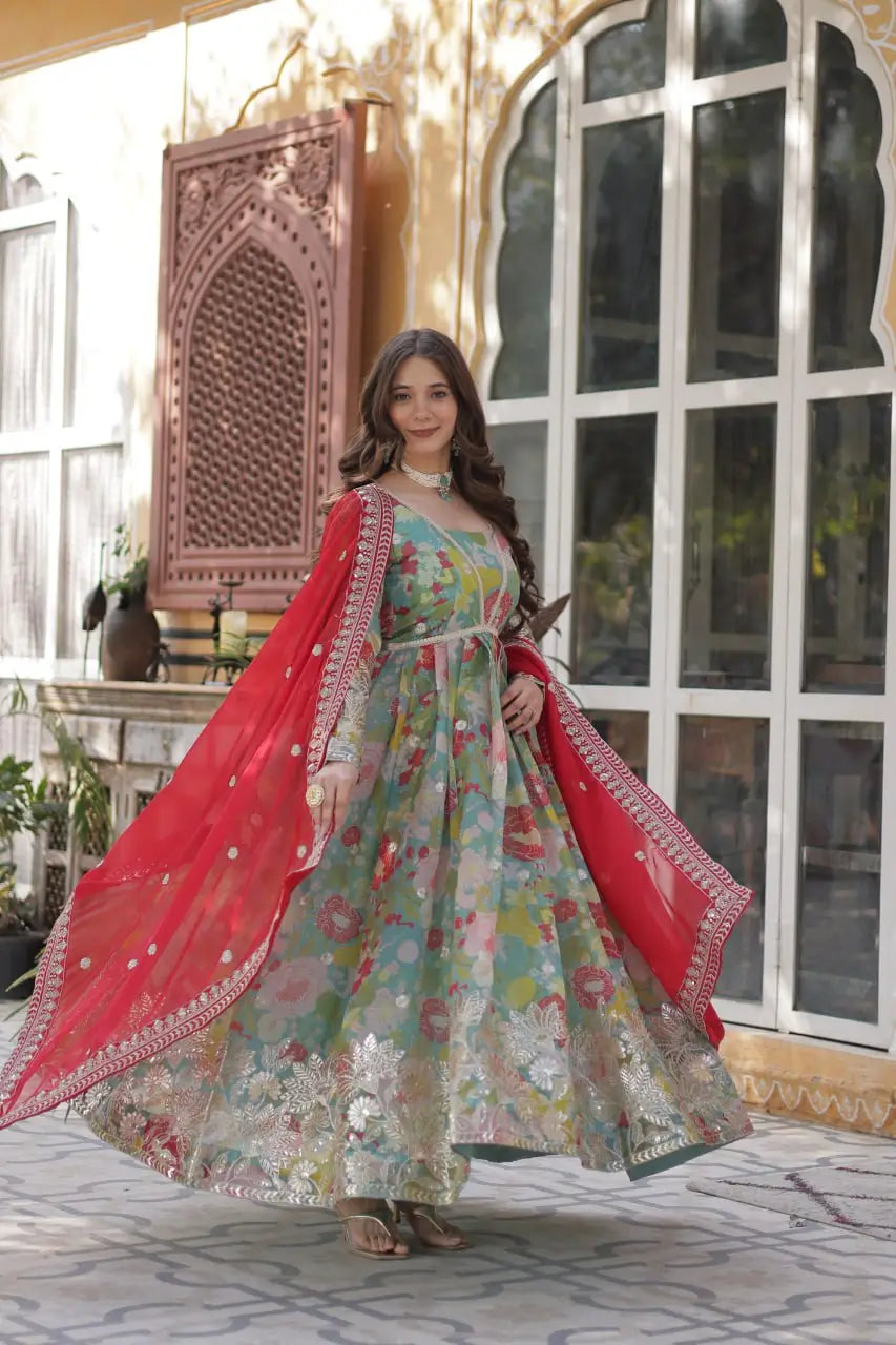 Sky Blue With Multi Floral Print Embroidery Sequins Work Gown With Dupatta
