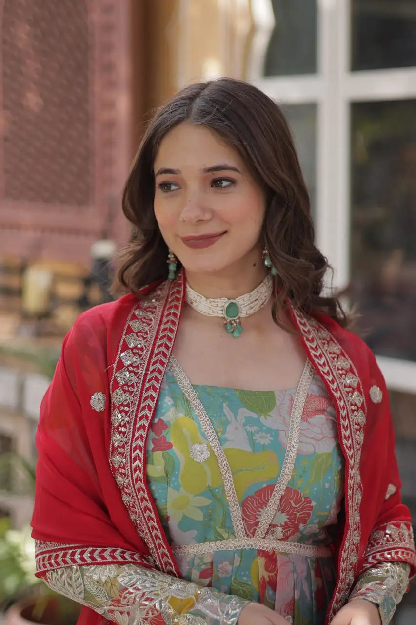 Sky Blue With Multi Floral Print Embroidery Sequins Work Gown With Dupatta - qivii