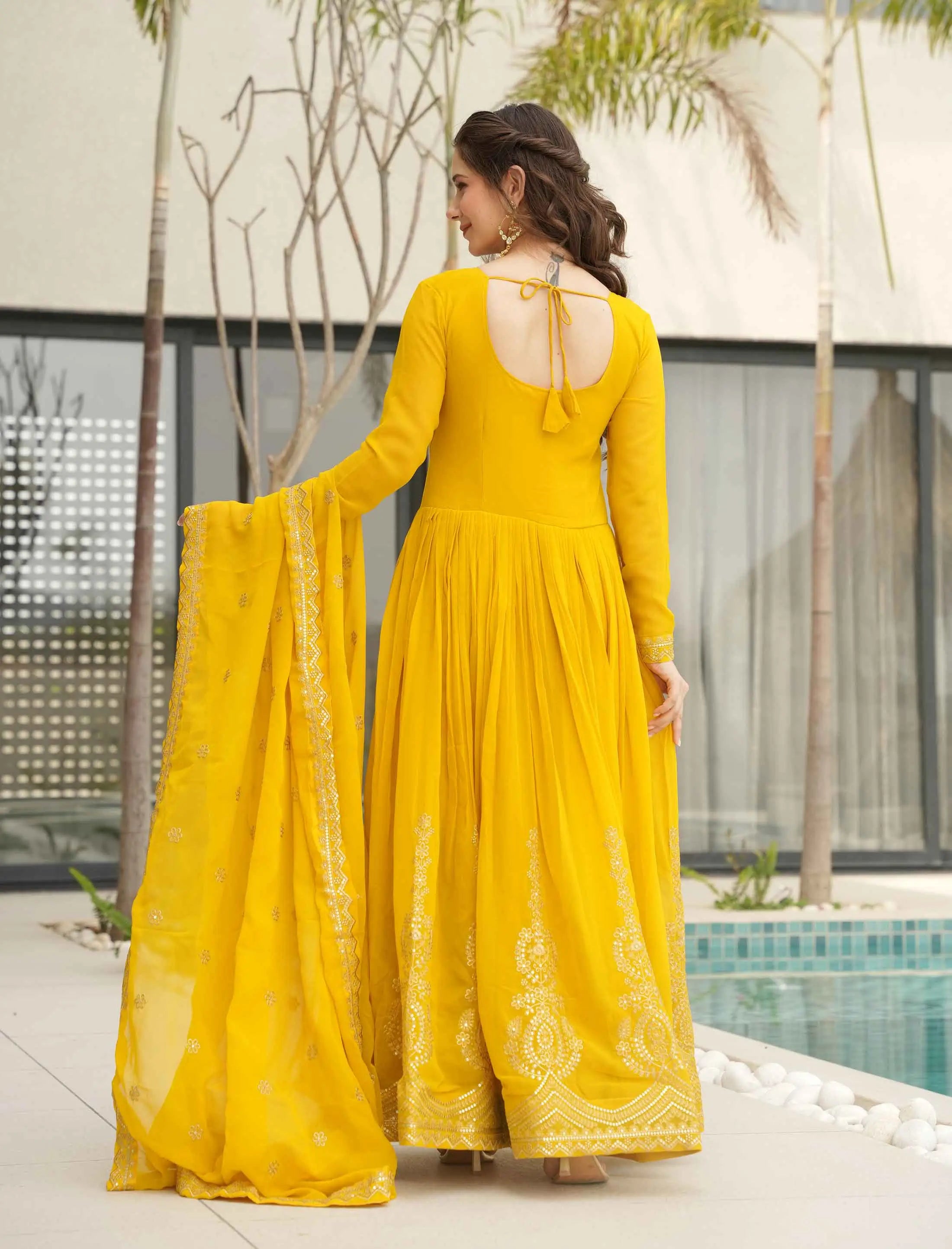 Lightning Yellow Zari Embroidery Work Gown With Dupatta - qivii