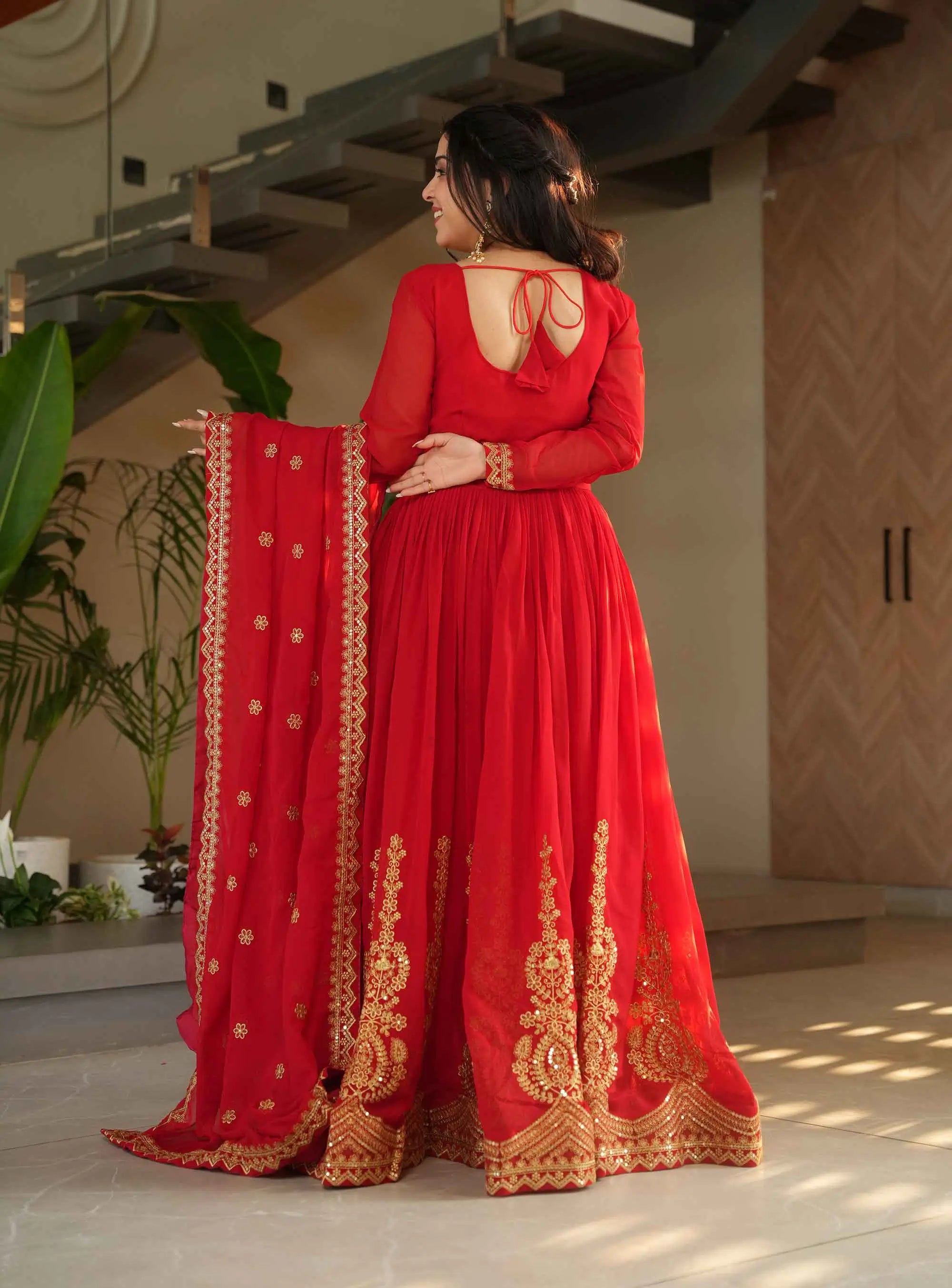 Scarlet Red Zari Sequins Embroidery Work Gown With Dupatta - qivii