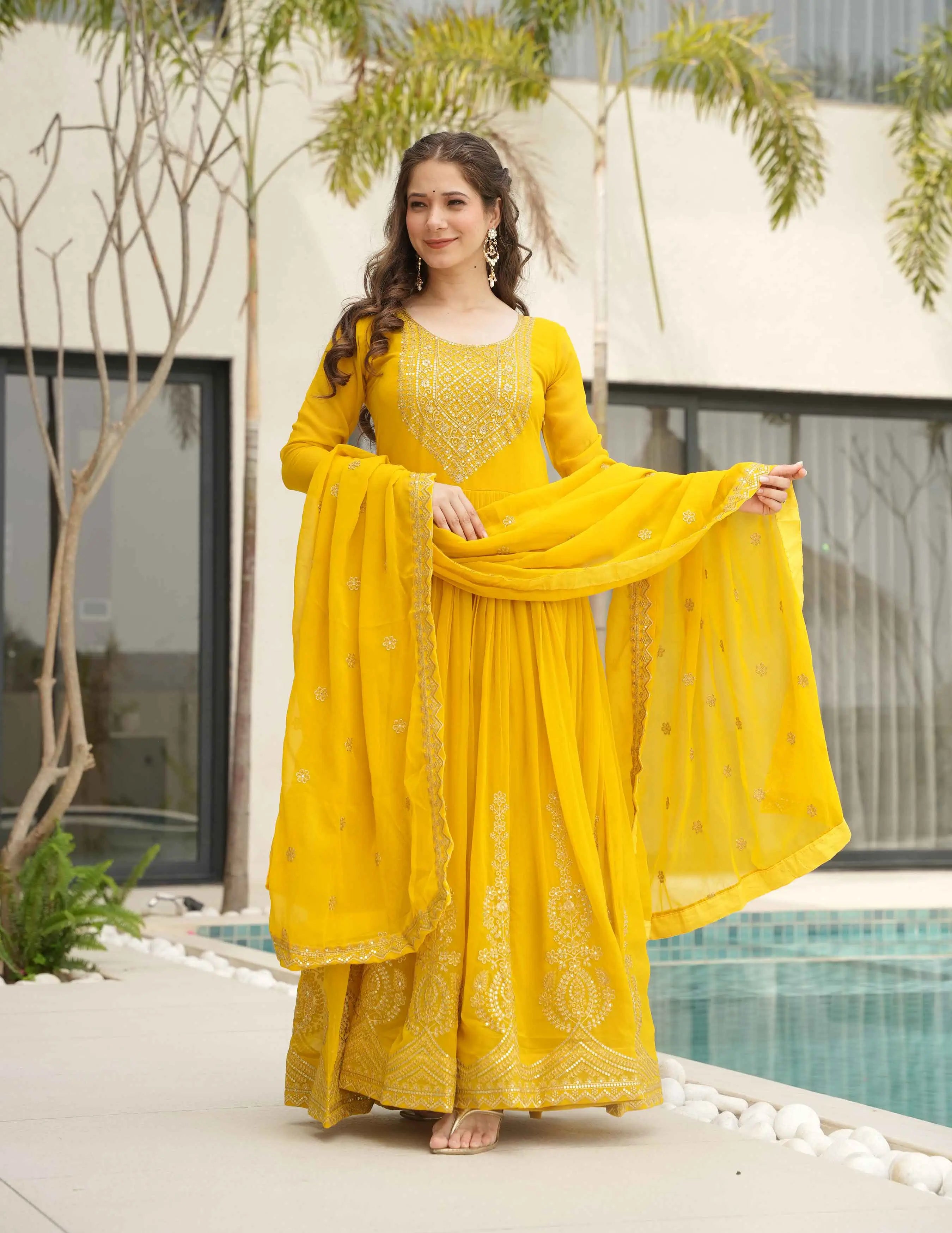 Lightning Yellow Zari Embroidery Work Gown With Dupatta - qivii