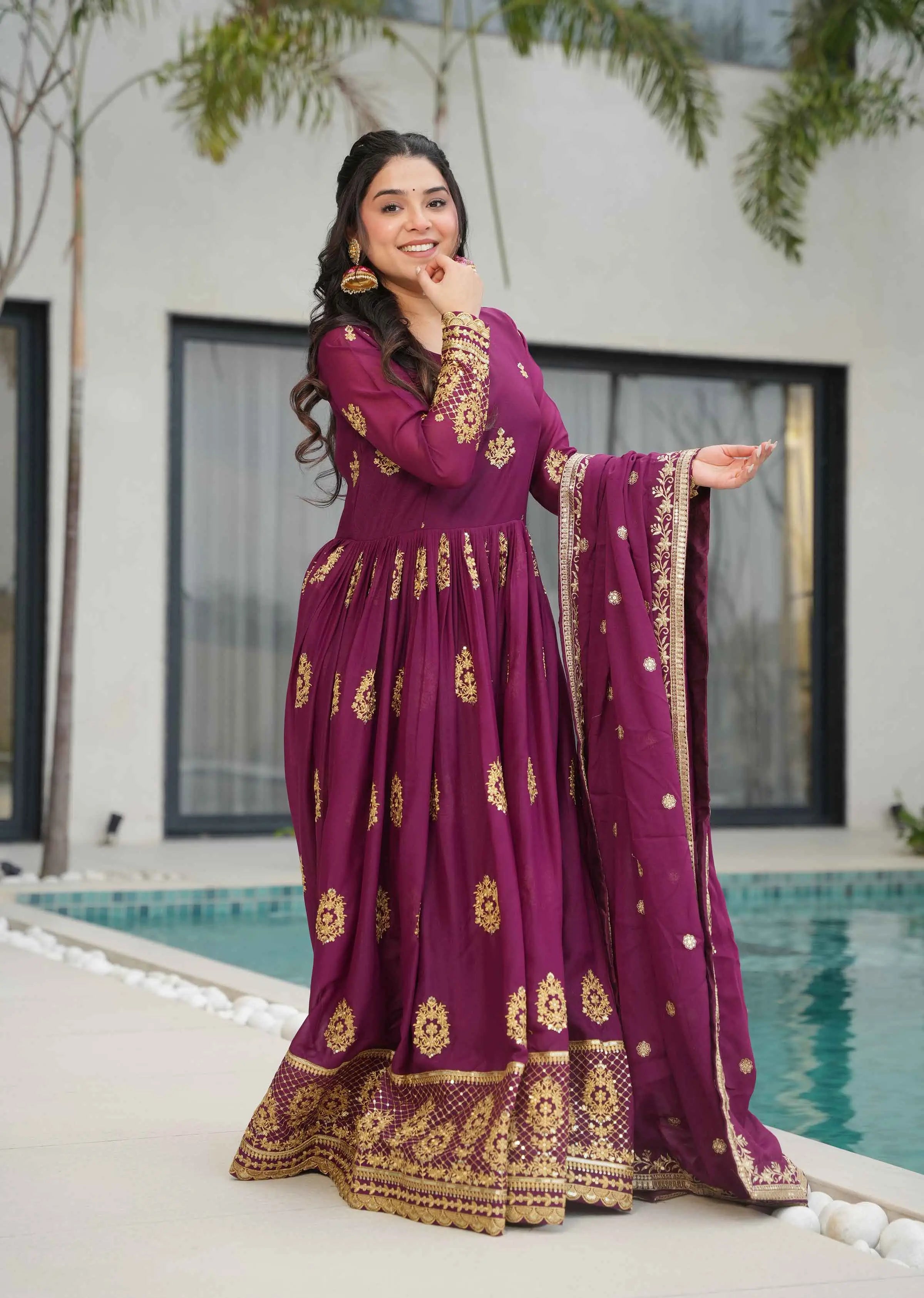 Wine Georgette Gown With Zari Embroidery Work And Dupatta - qivii