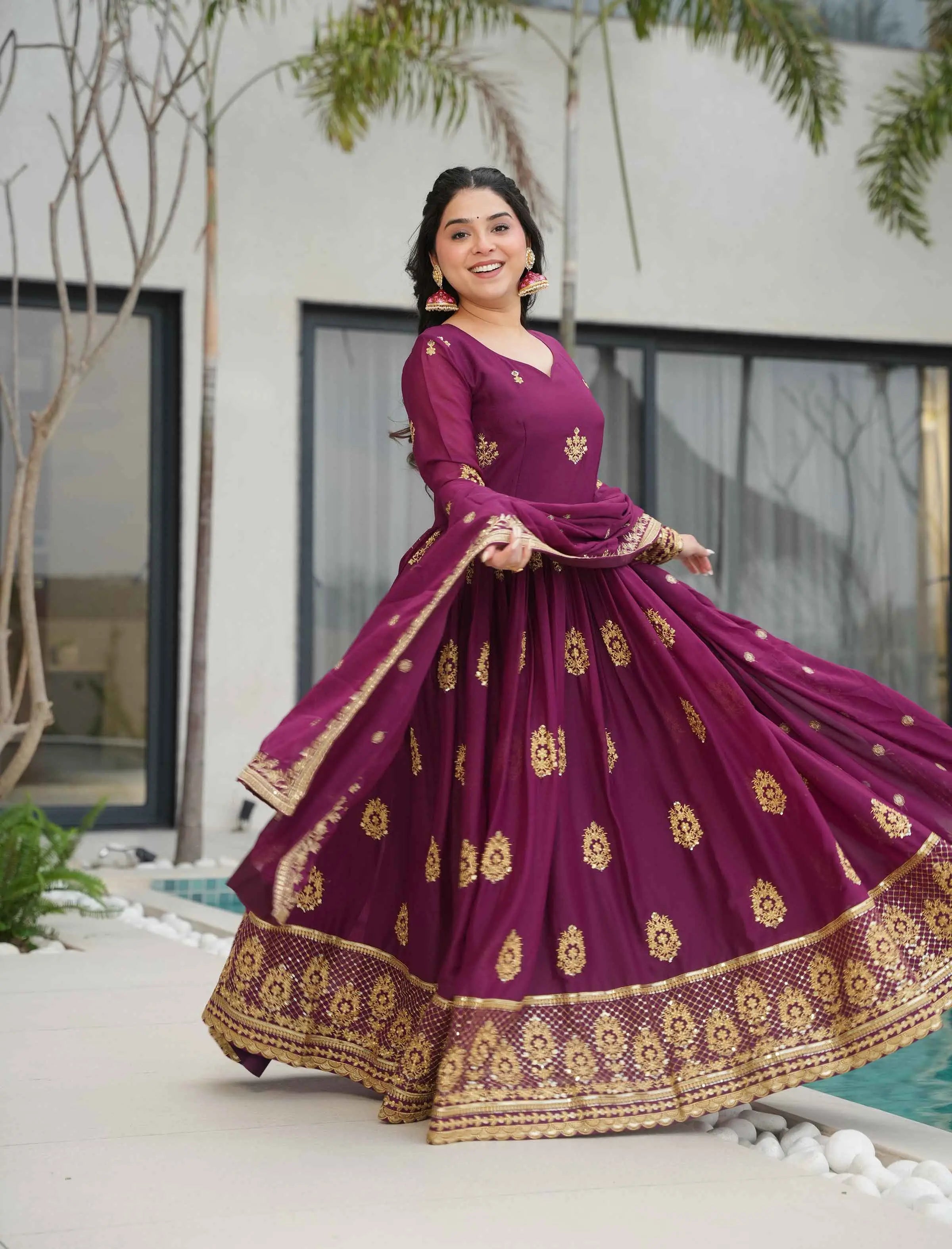 Wine Georgette Gown With Zari Embroidery Work And Dupatta - qivii
