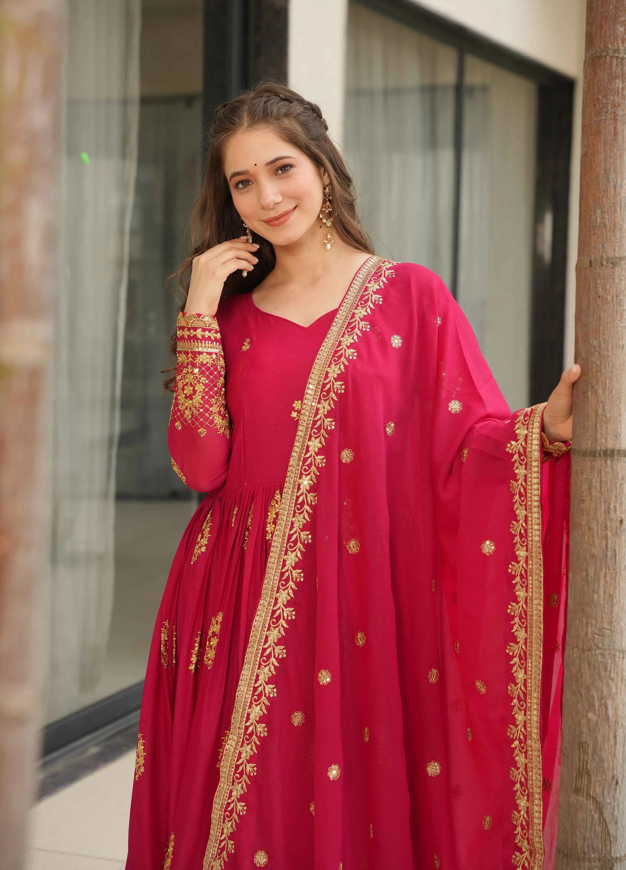 Cerise Pink Georgette Gown With Zari Embroidery Work And Dupatta - qivii