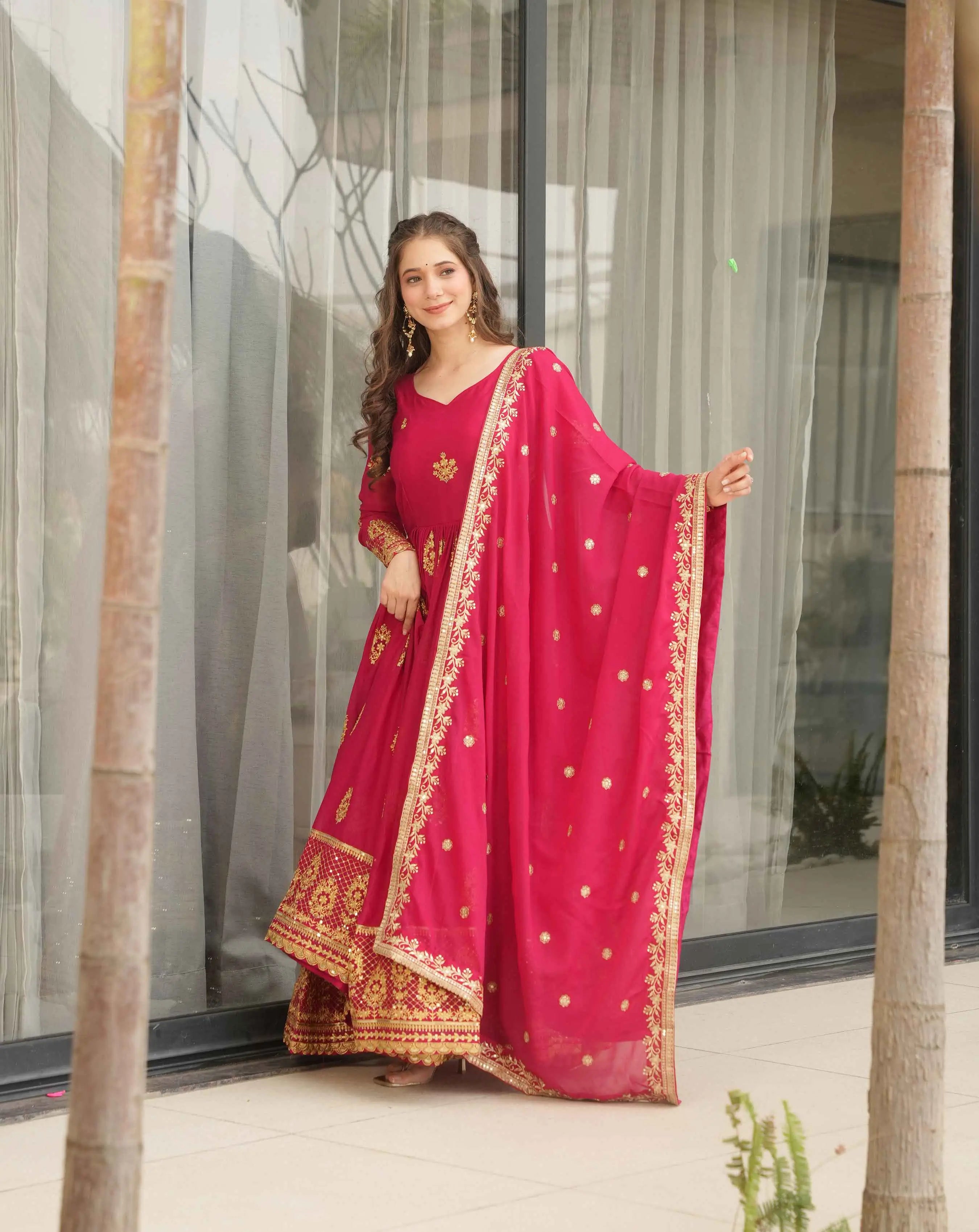 Cerise Pink Georgette Gown With Zari Embroidery Work And Dupatta - qivii