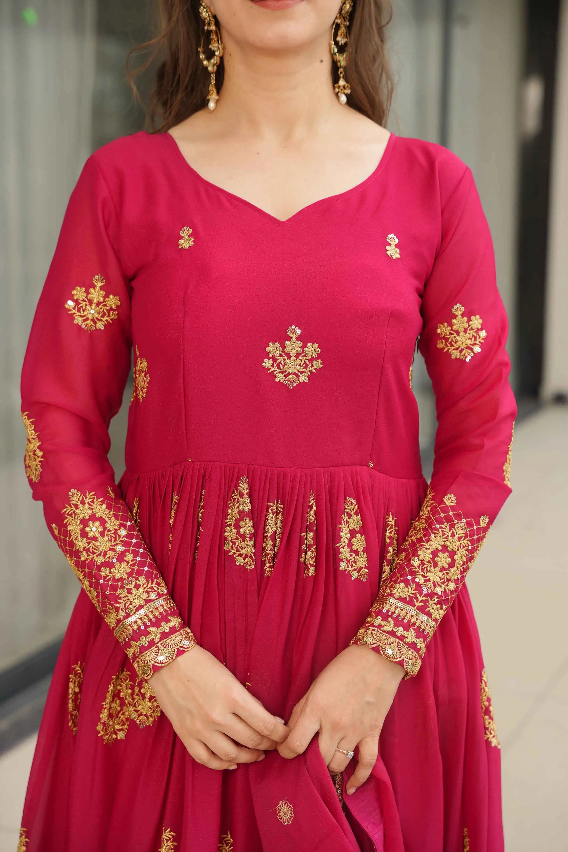 Cerise Pink Georgette Gown With Zari Embroidery Work And Dupatta