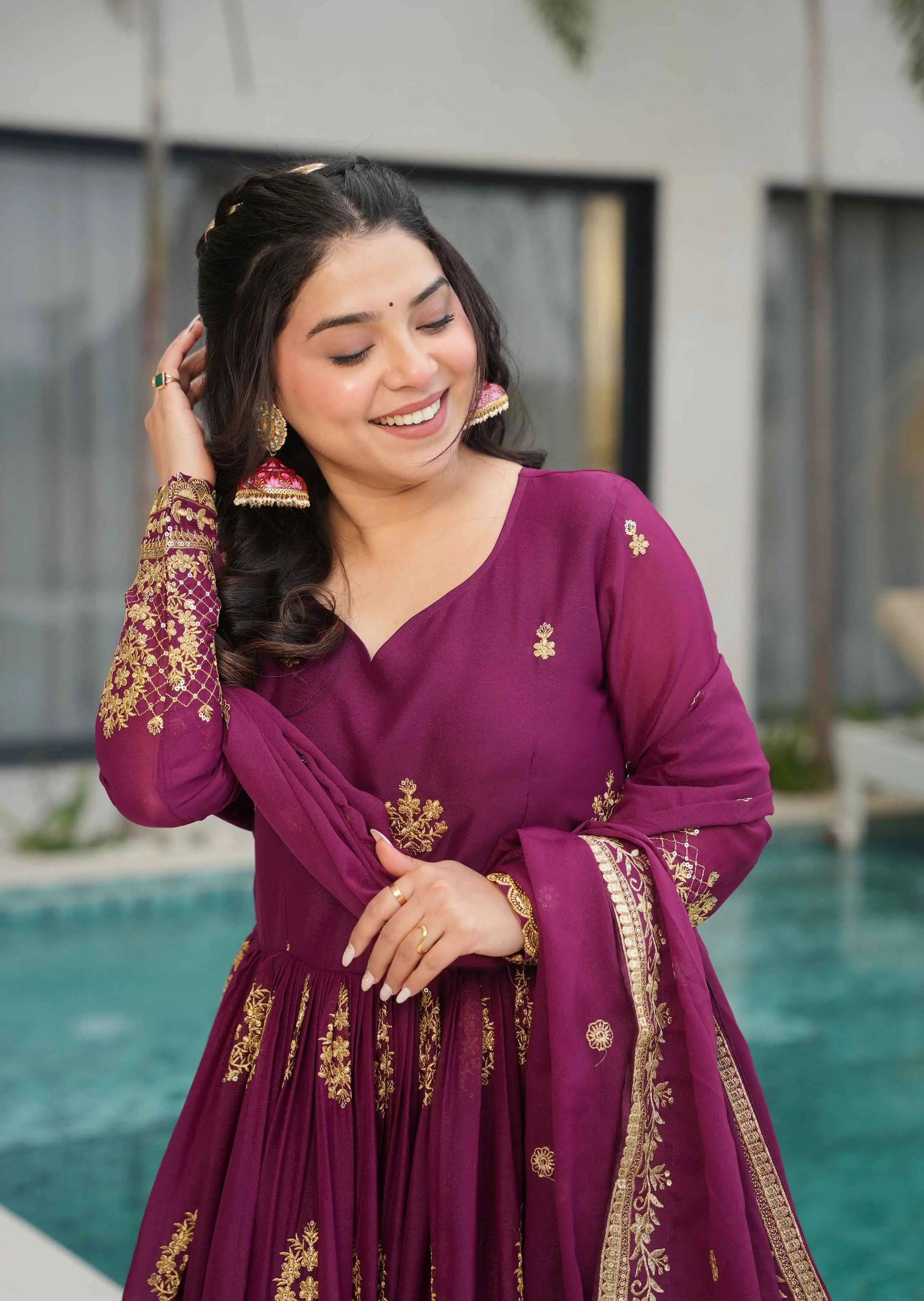 Wine Georgette Gown With Zari Embroidery Work And Dupatta