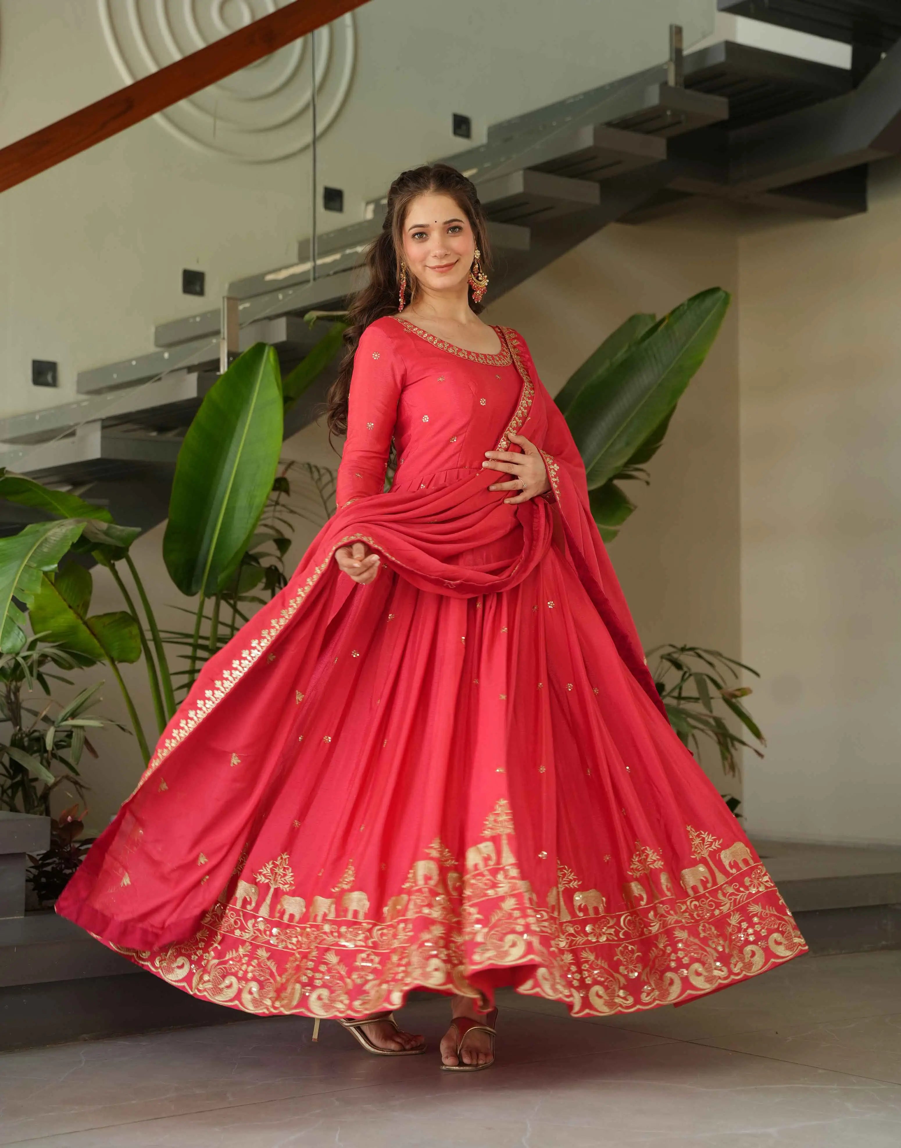 Peachy Red Embroidery Zari Sequins Work Gown With Dupatta - qivii