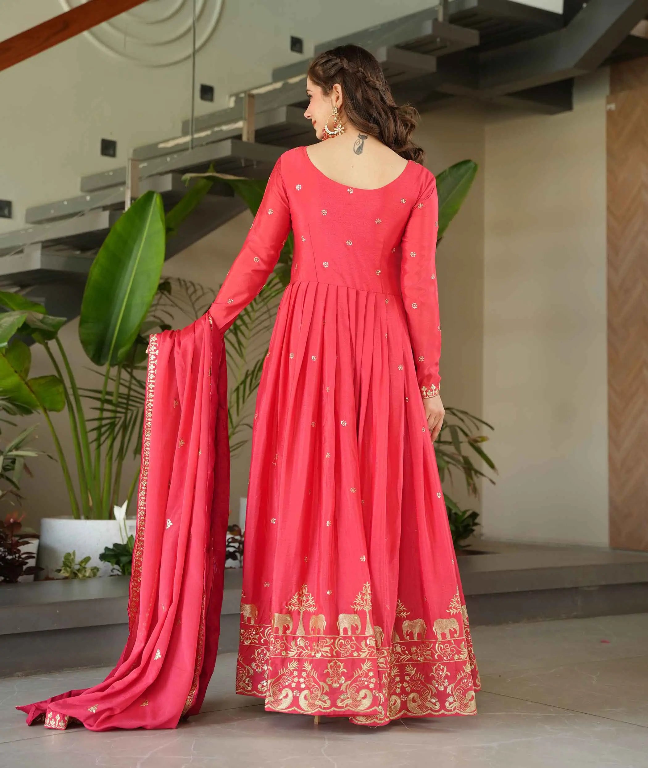 Peachy Red Embroidery Zari Sequins Work Gown With Dupatta - qivii