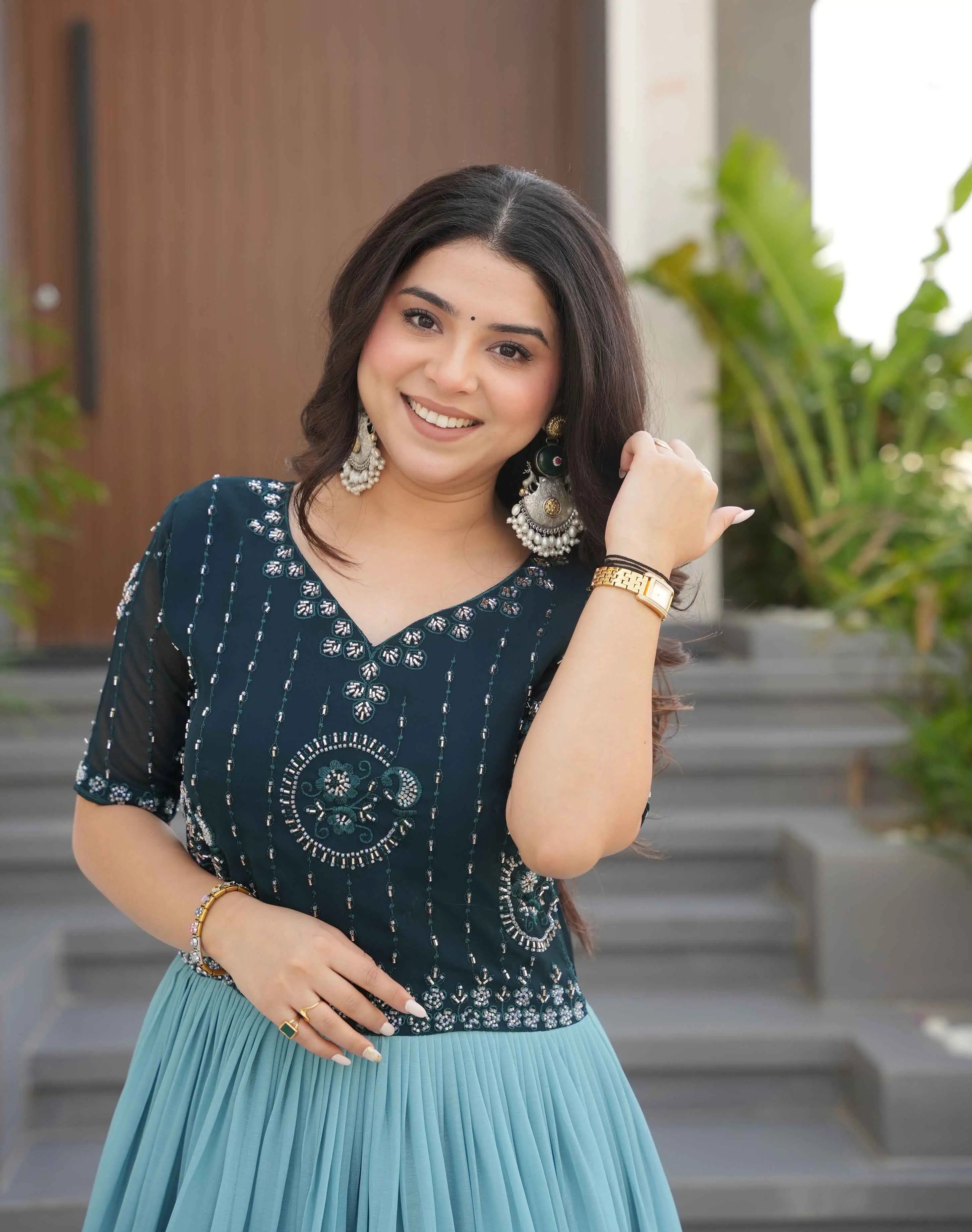 Teal Blue Floral Padding Digital Print Gown With Beads Embroidery Work - qivii