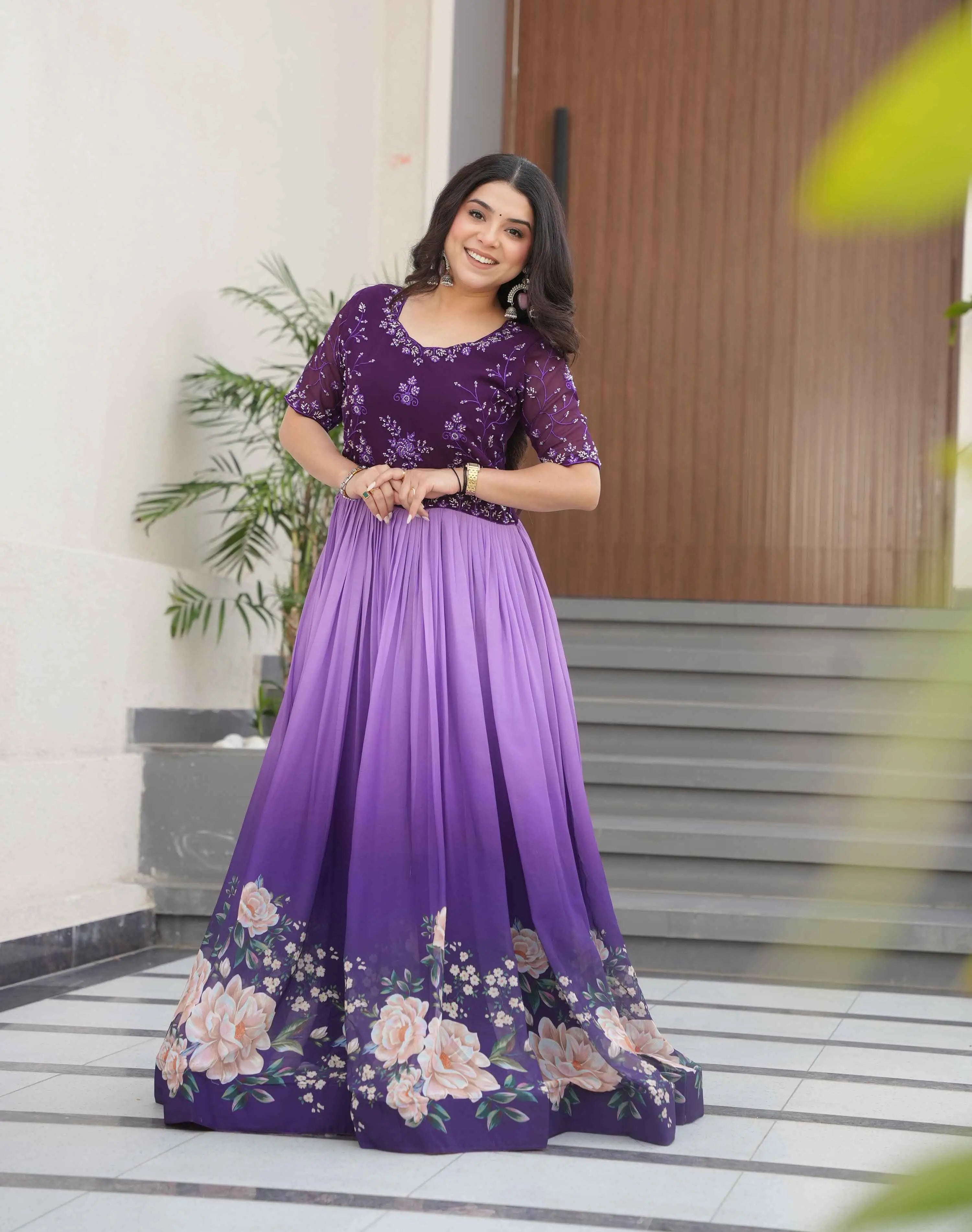 Purple Floral Padding Digital Print Gown With Beads Embroidery Work - qivii