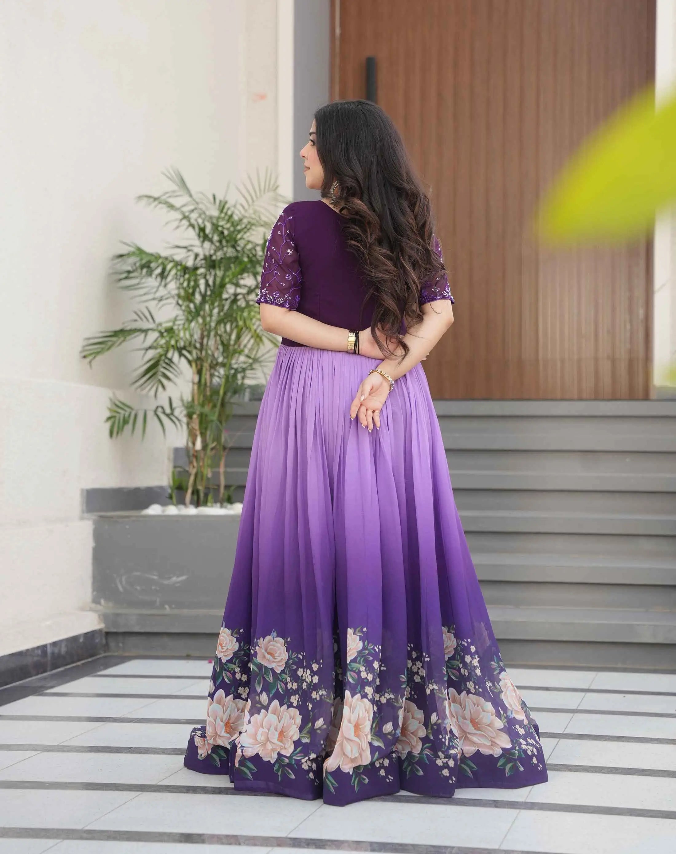 Purple Floral Padding Digital Print Gown With Beads Embroidery Work - qivii