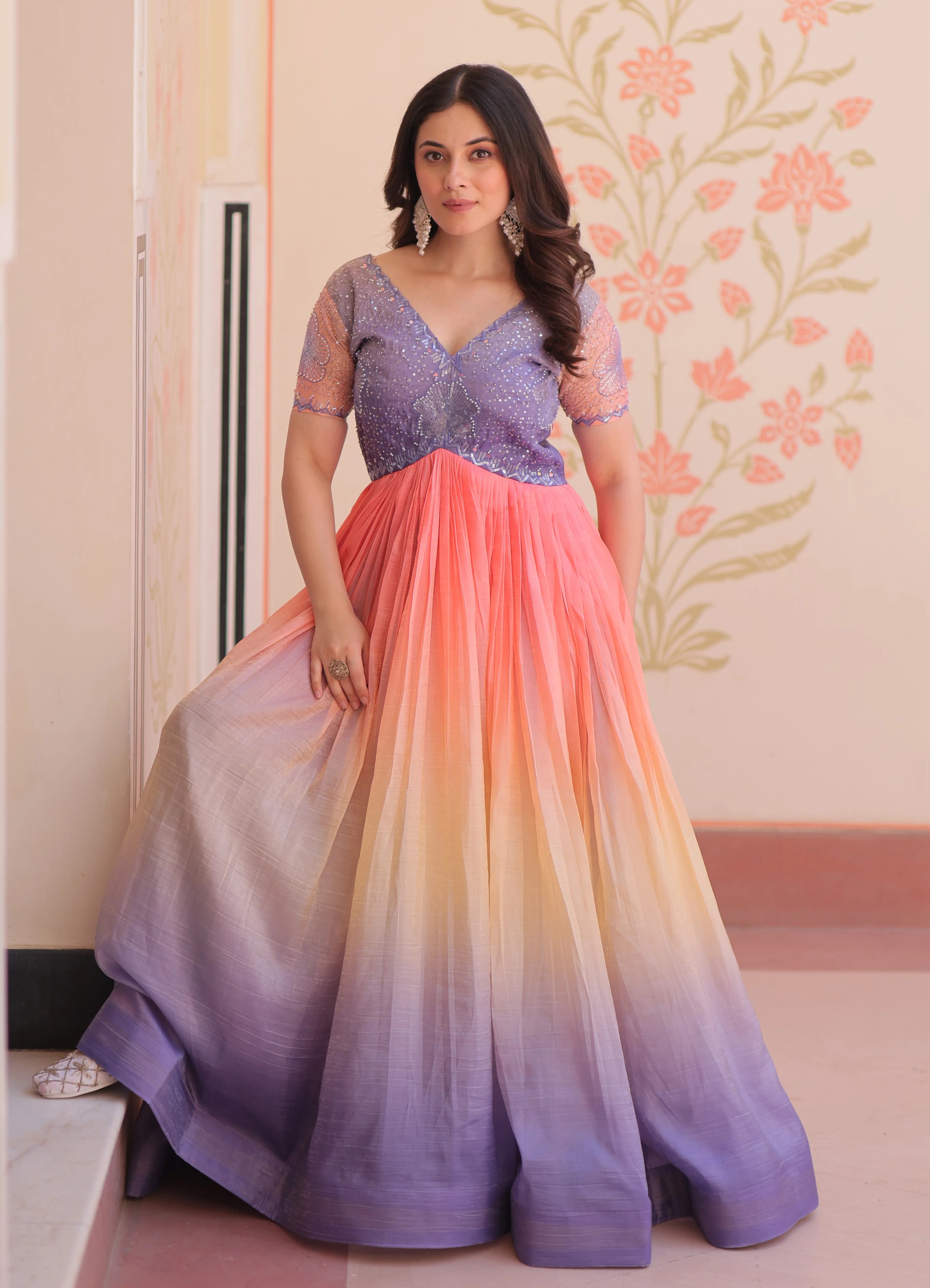 Designer Lavender Color Padding With Beads Embroidery Work Gown - qivii