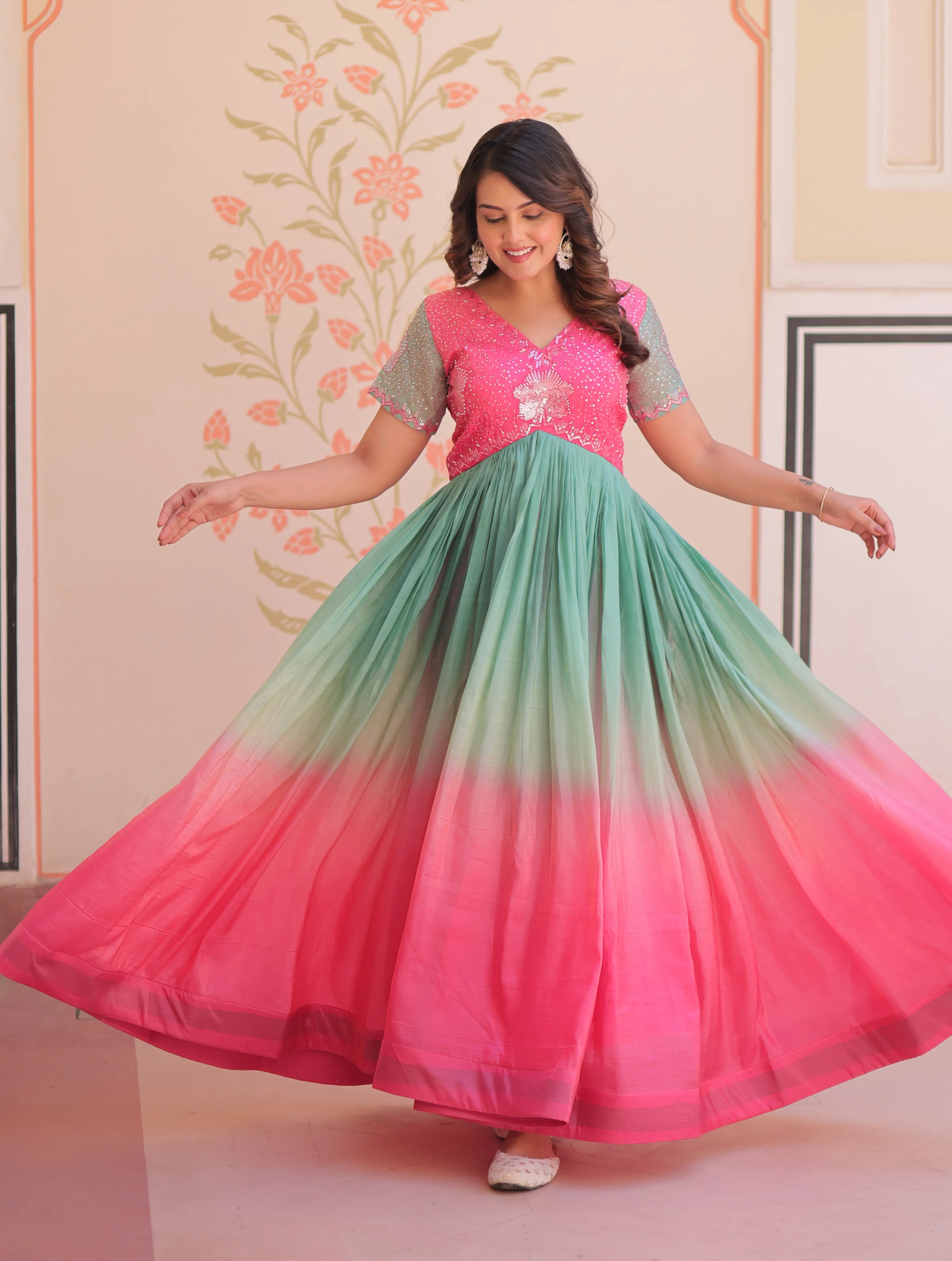 Designer Pink Color Padding & Beads Embroidery Work Gown - qivii