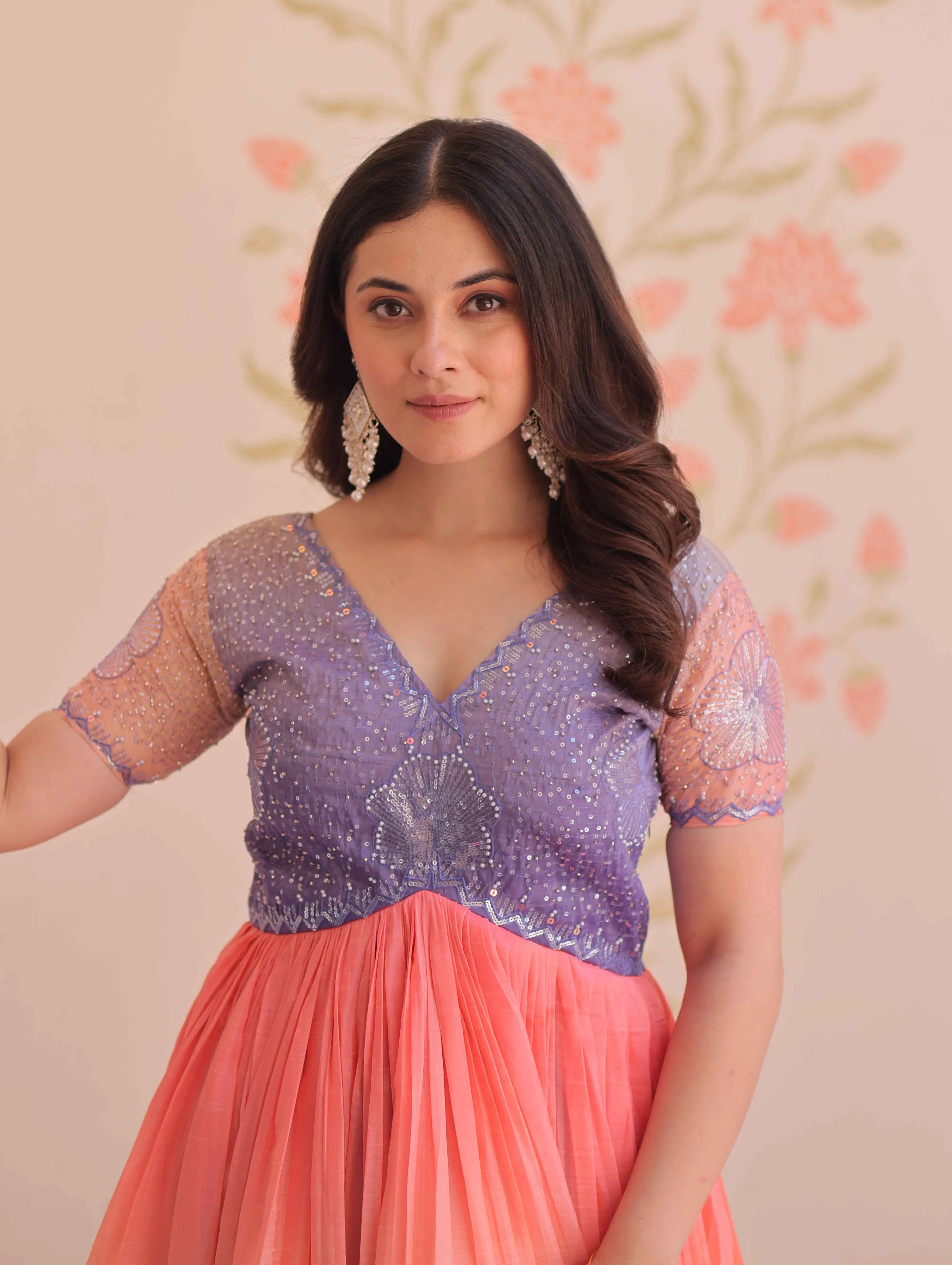 Designer Lavender Color Padding With Beads Embroidery Work Gown - qivii