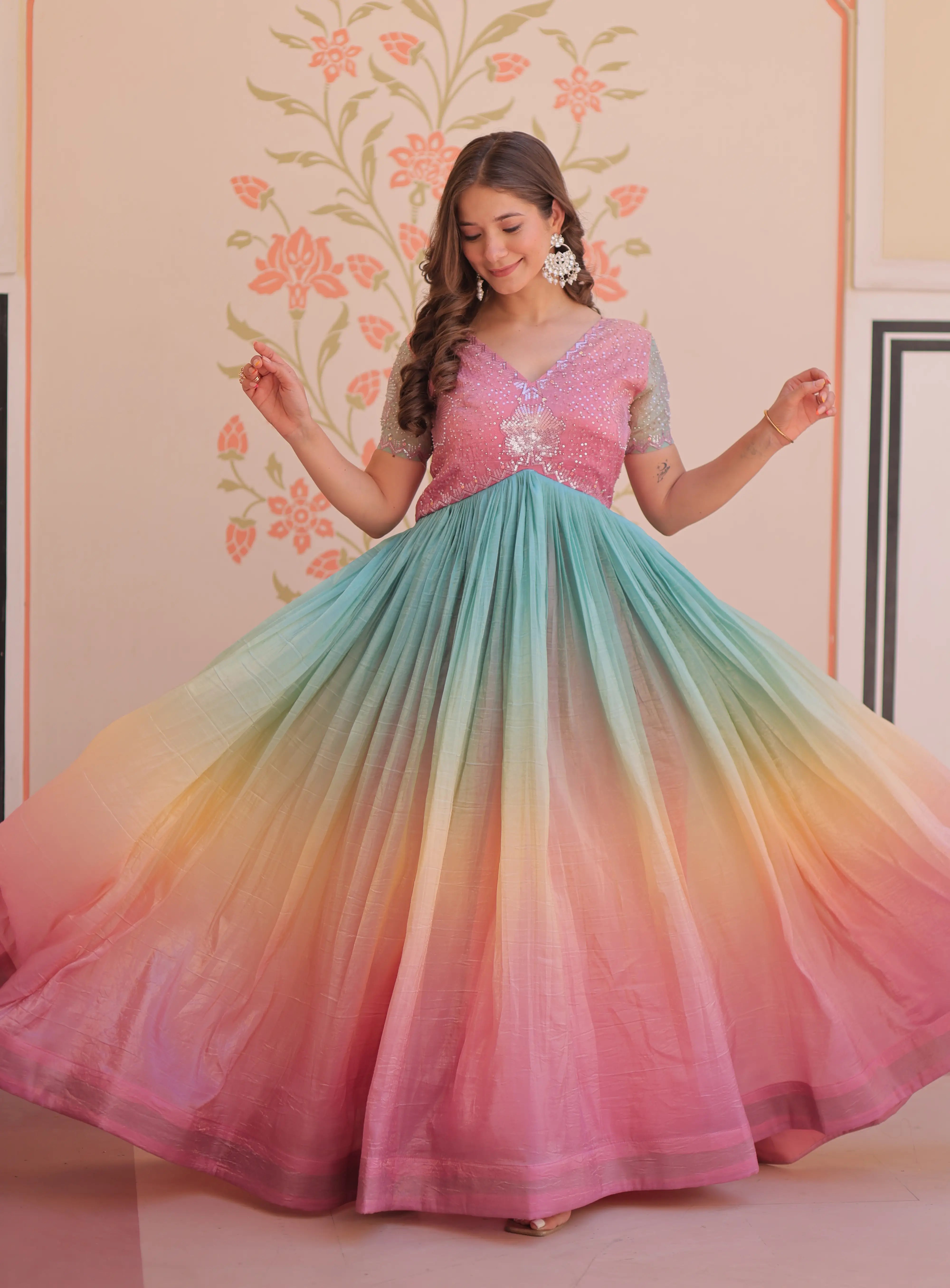 Designer Peach Color Padding & Beads Embroidery Work Gown - qivii