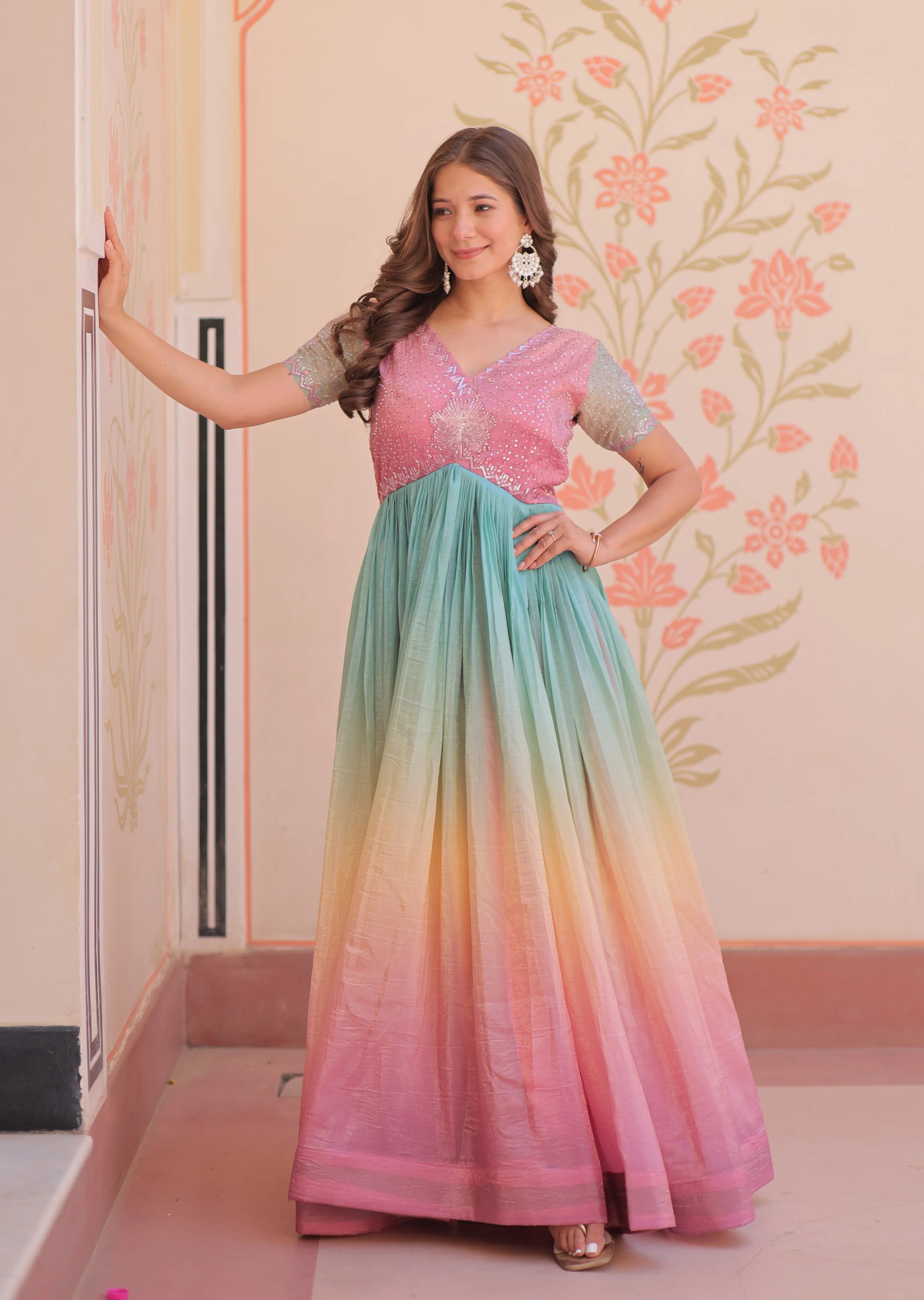 Designer Peach Color Padding & Beads Embroidery Work Gown - qivii