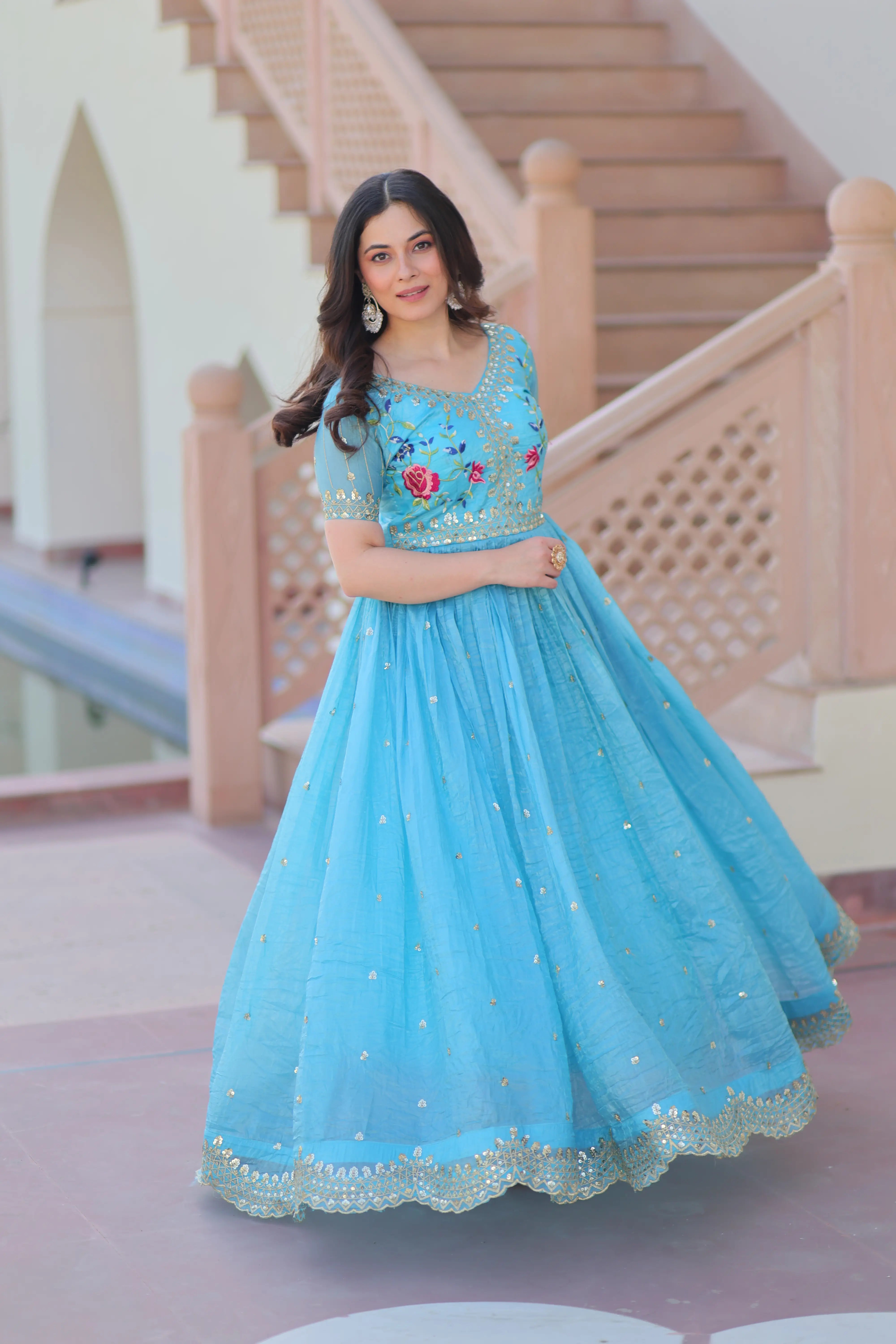 Designer Sky Blue Gold Crush Multi Thread Sequins Embroidery Work Gown