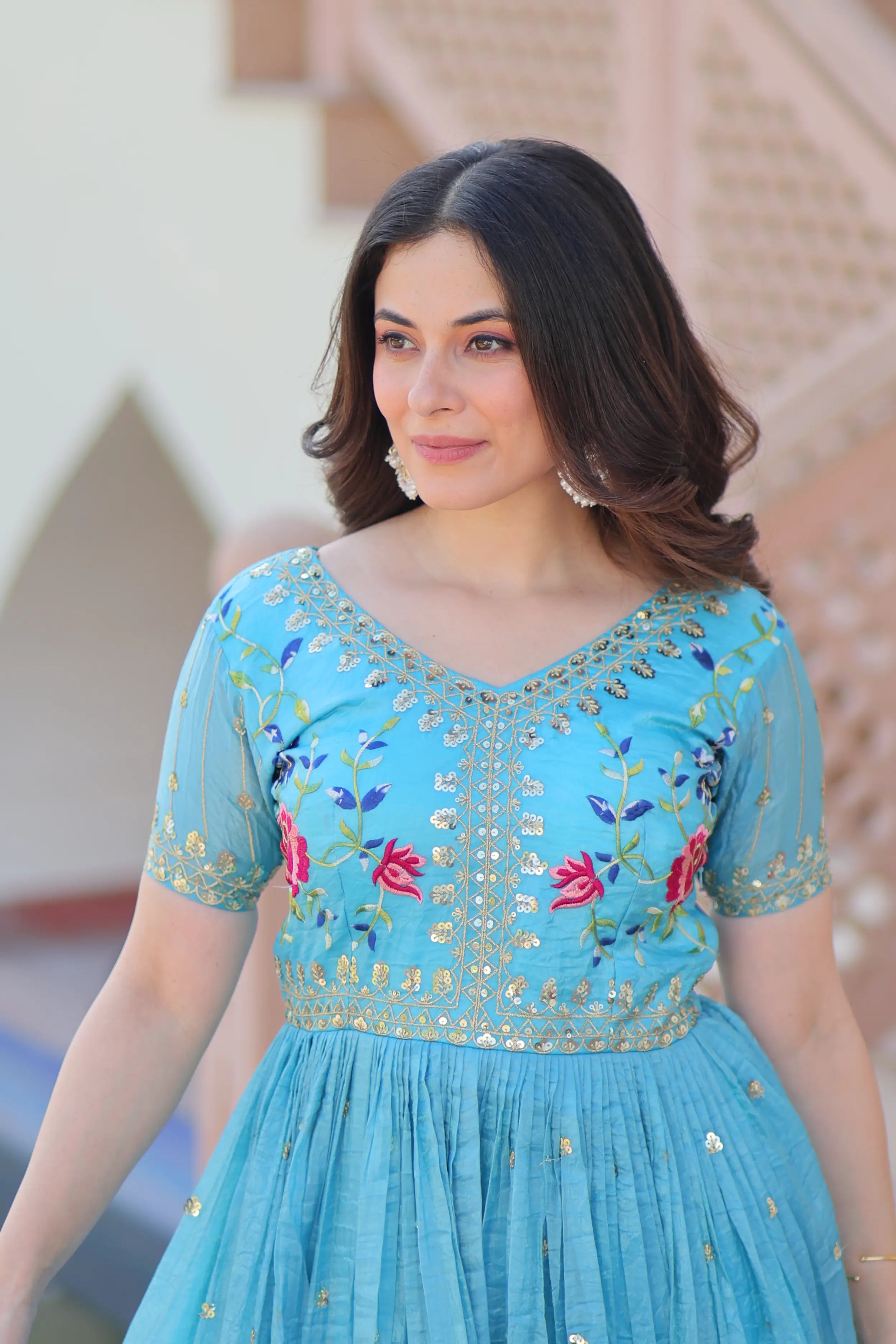 Designer Sky Blue Gold Crush Multi Thread Sequins Embroidery Work Gown - qivii