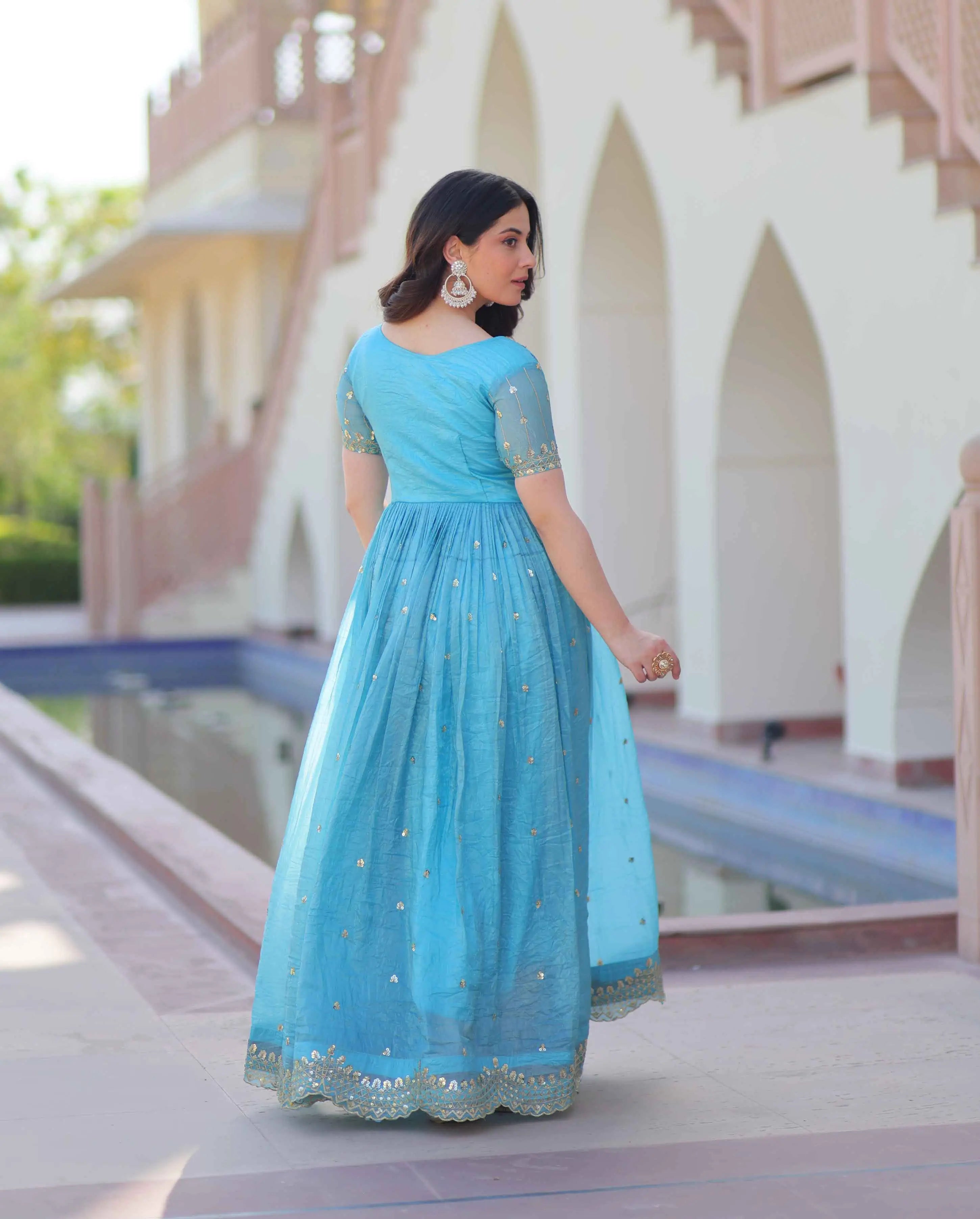 Designer Sky Blue Gold Crush Multi Thread Sequins Embroidery Work Gown - qivii