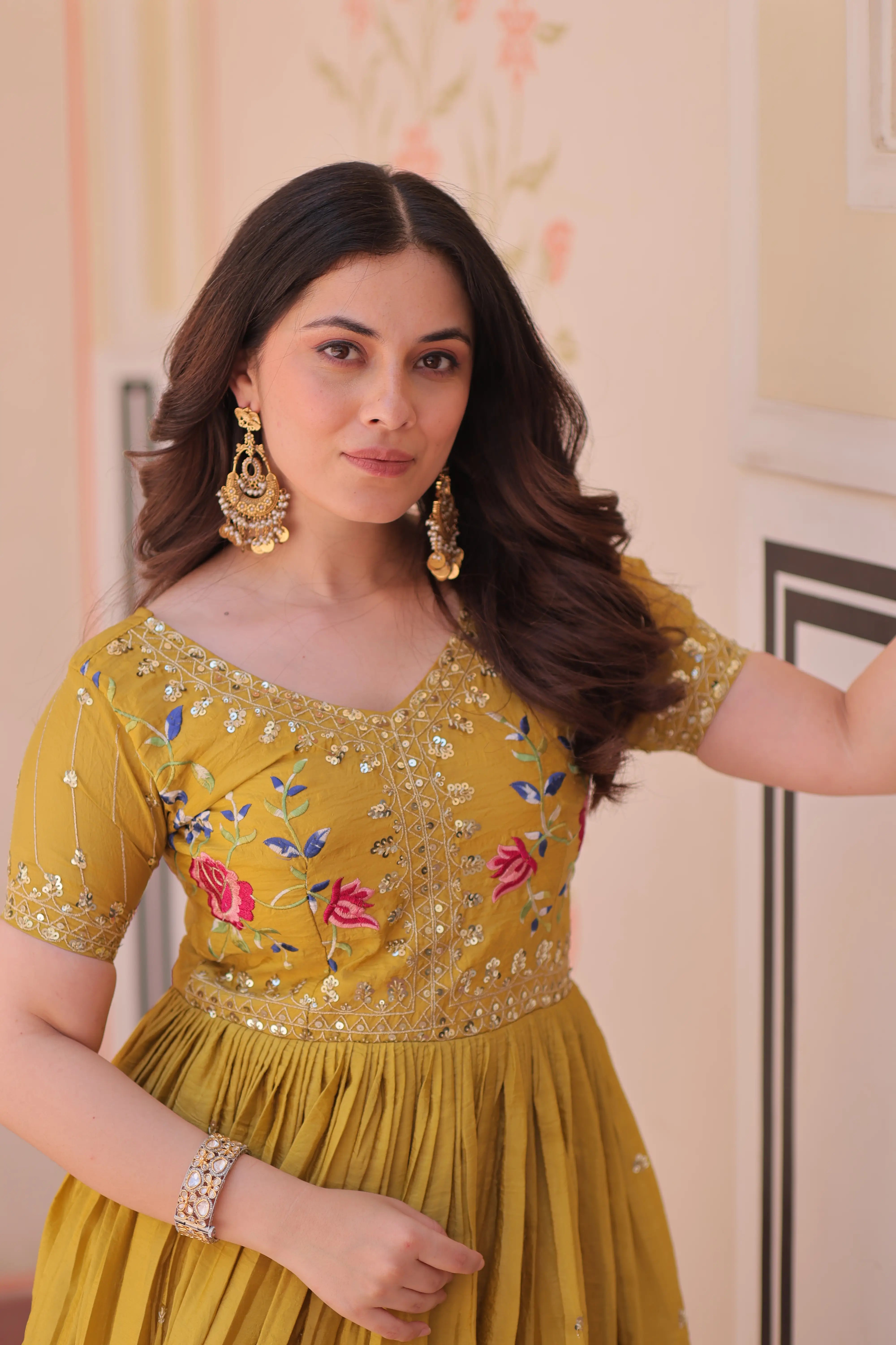 Designer Yellow Gold Crush Multi Thread Sequins Embroidery Work Gown