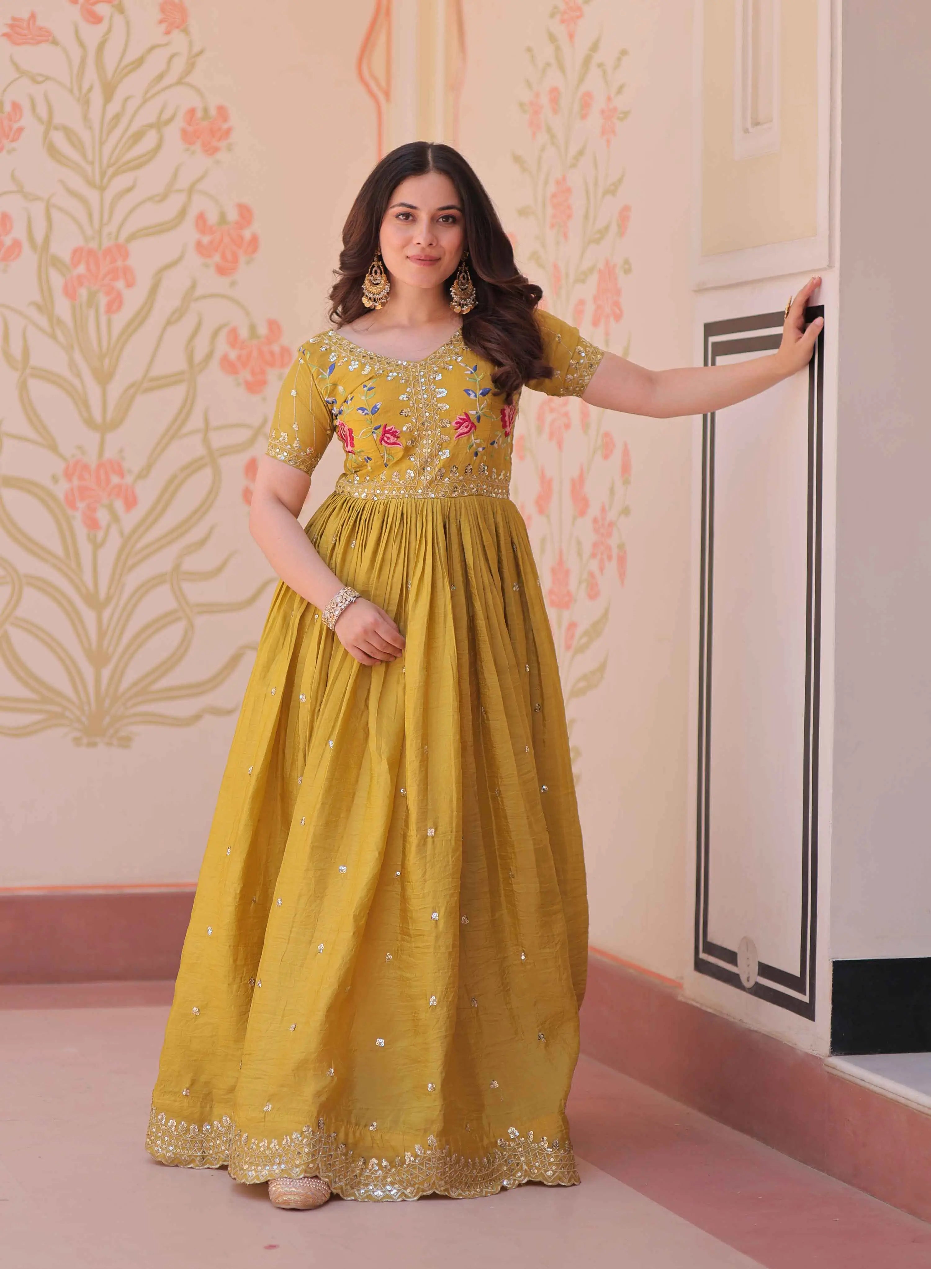 Designer Yellow Gold Crush Multi Thread Sequins Embroidery Work Gown