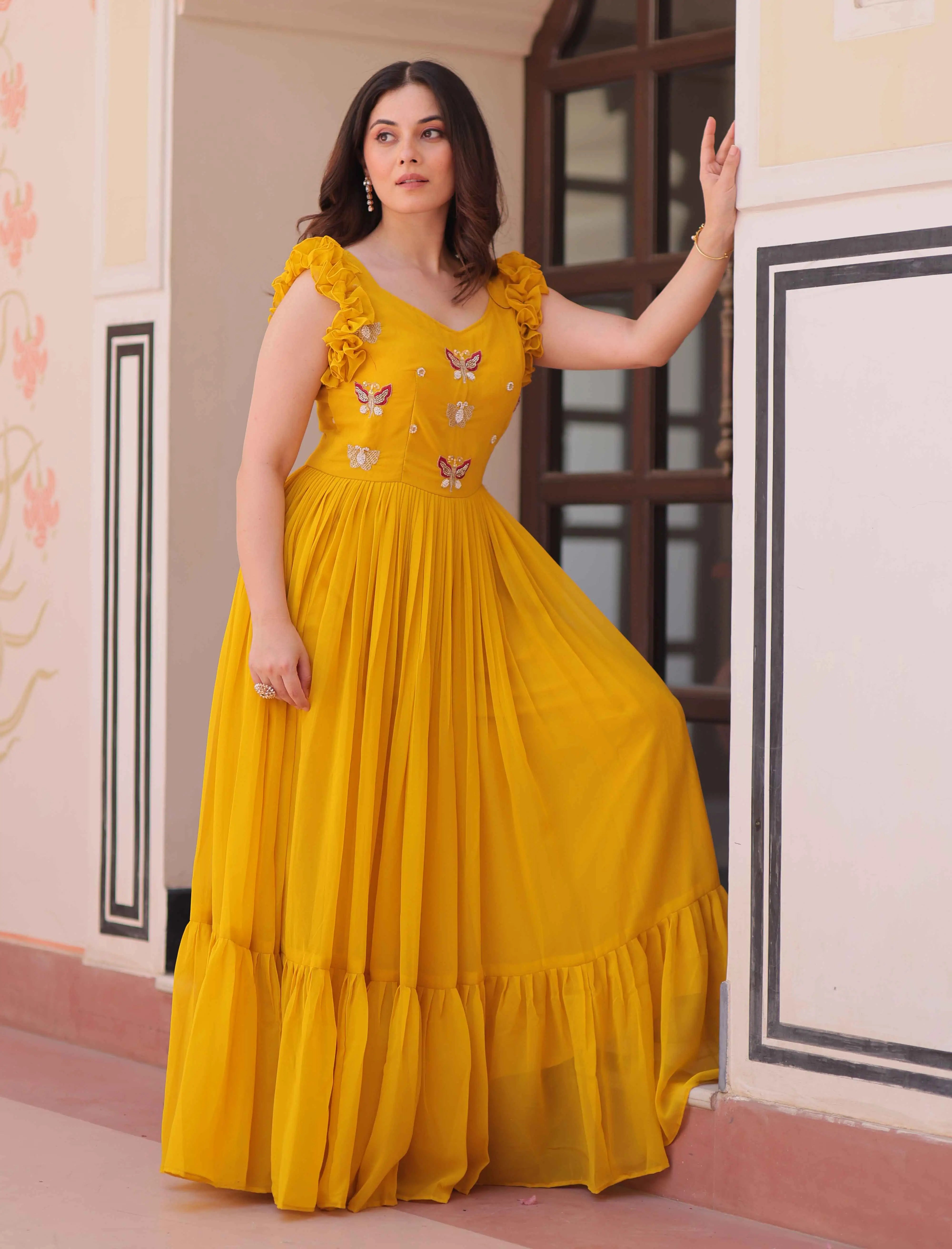Squash Yellow Georgette Multi Thread Beads Embroidery Work Gown - qivii