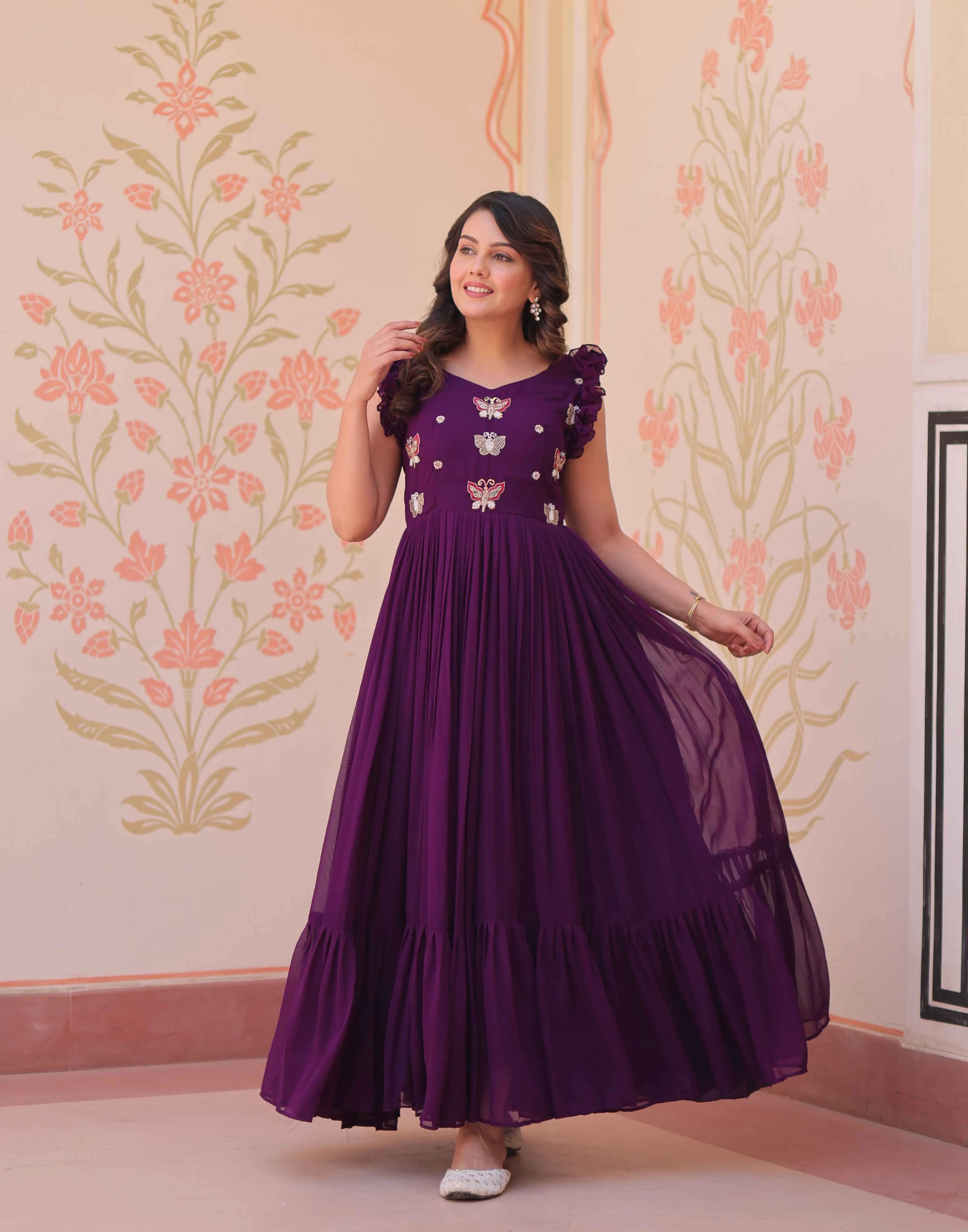 Purple Georgette Multi Thread Beads Embroidery Work Gown - qivii