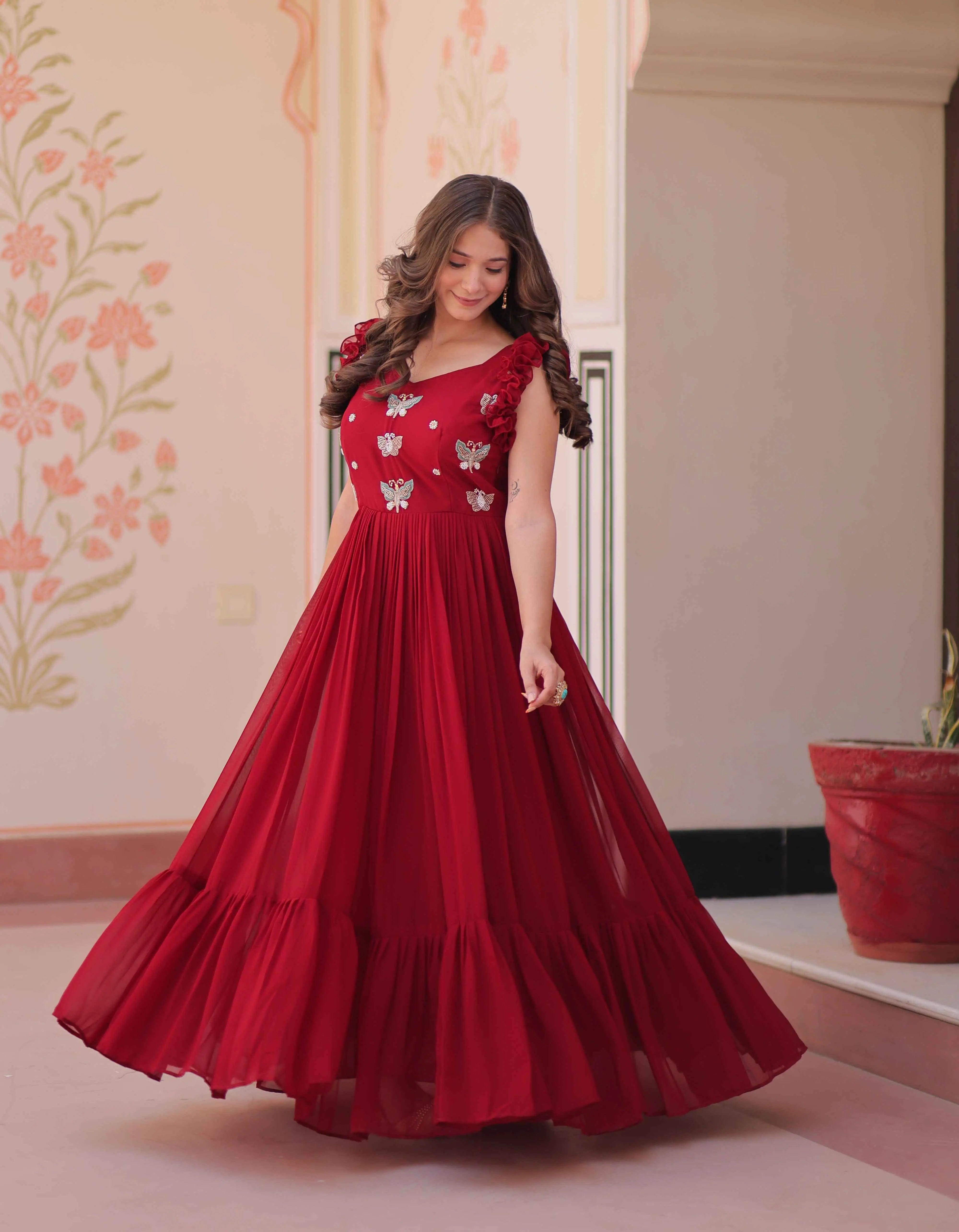 Paprika Red Georgette Multi Thread Beads Embroidery Work Gown - qivii